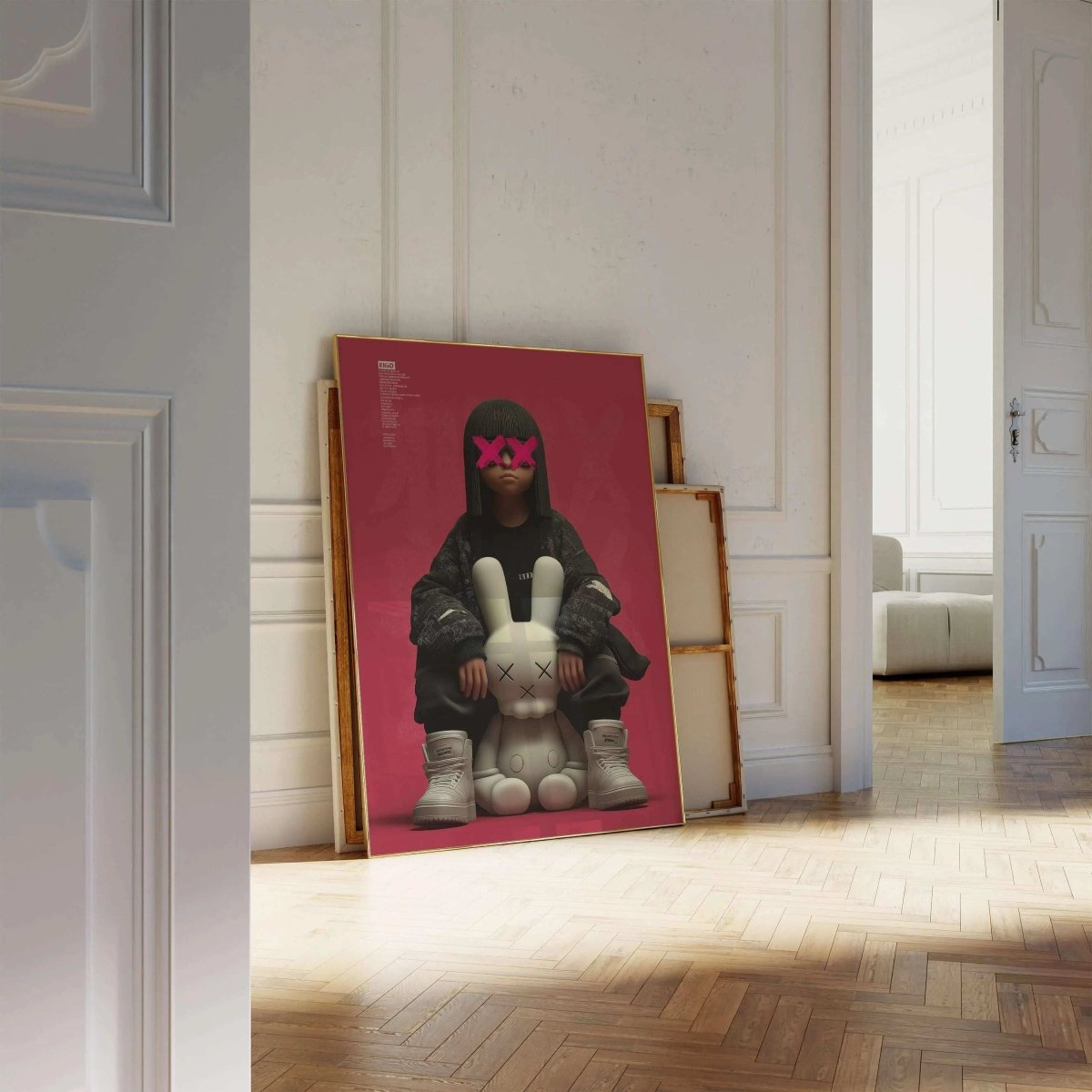 Urban Muse X-Eyes Girl & Bunny printable digital wall art with bold pink and black tones, modern living room display — Haus of Prints.