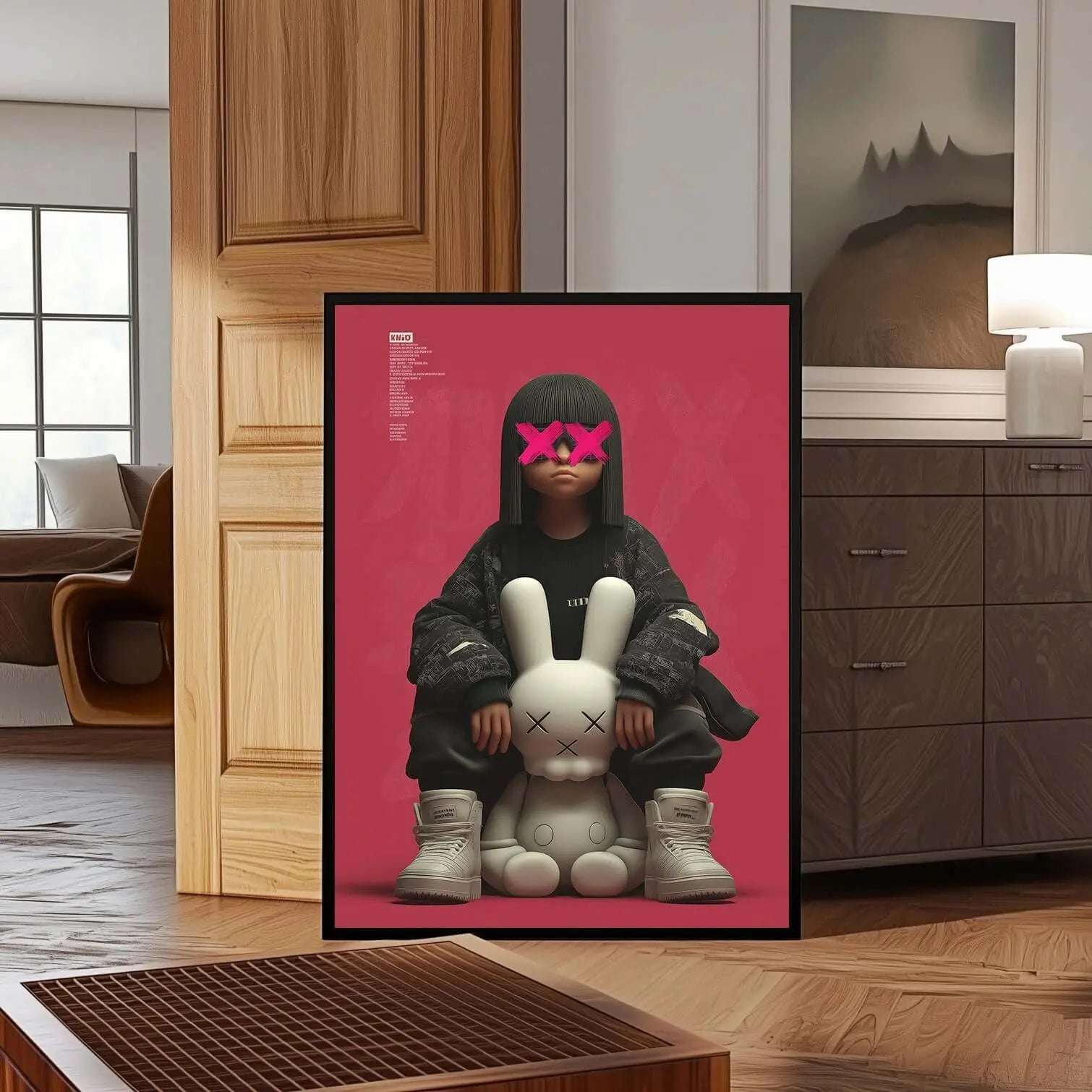 Urban Muse X-Eyes Girl & Bunny digital wall art print with bold pink and black tones in modern living room — Haus of Prints