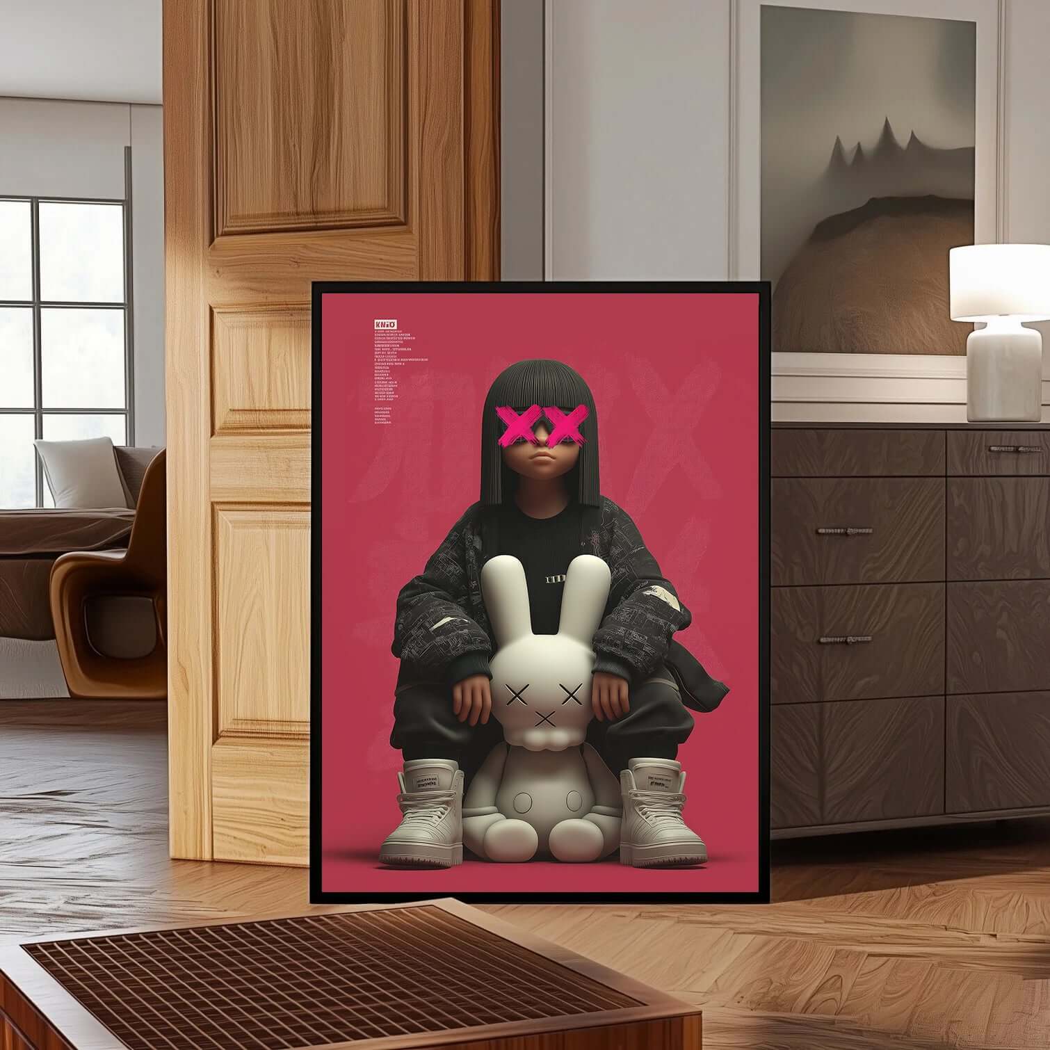 Urban Muse X KAWS girl with bunny art print, showcasing streetwear style, pop art vibes, and modern wall decor.