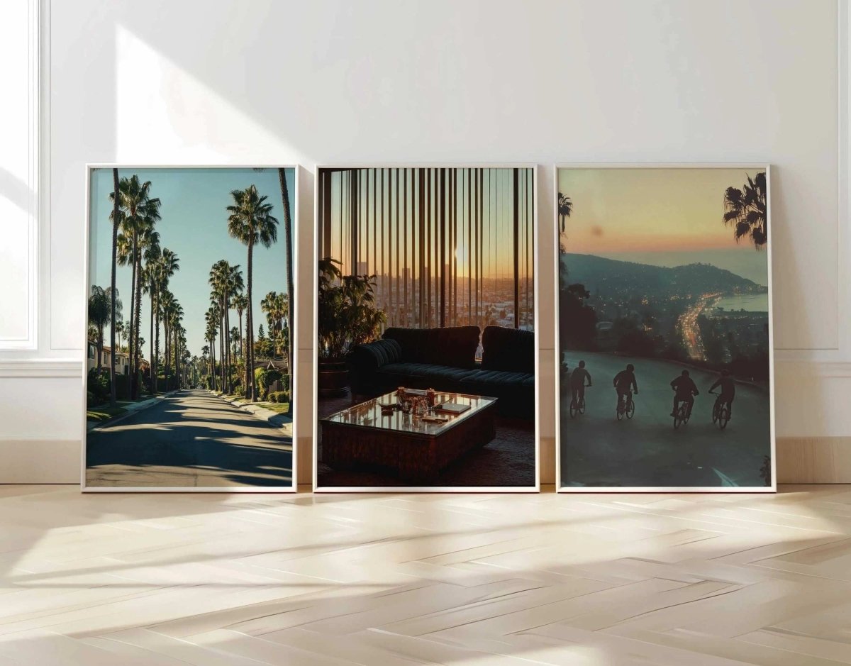 Vintage Cityscape Poster Set of 3 featuring urban scenes in framed digital wall art for modern home decor, printable art by Haus of Prints.
