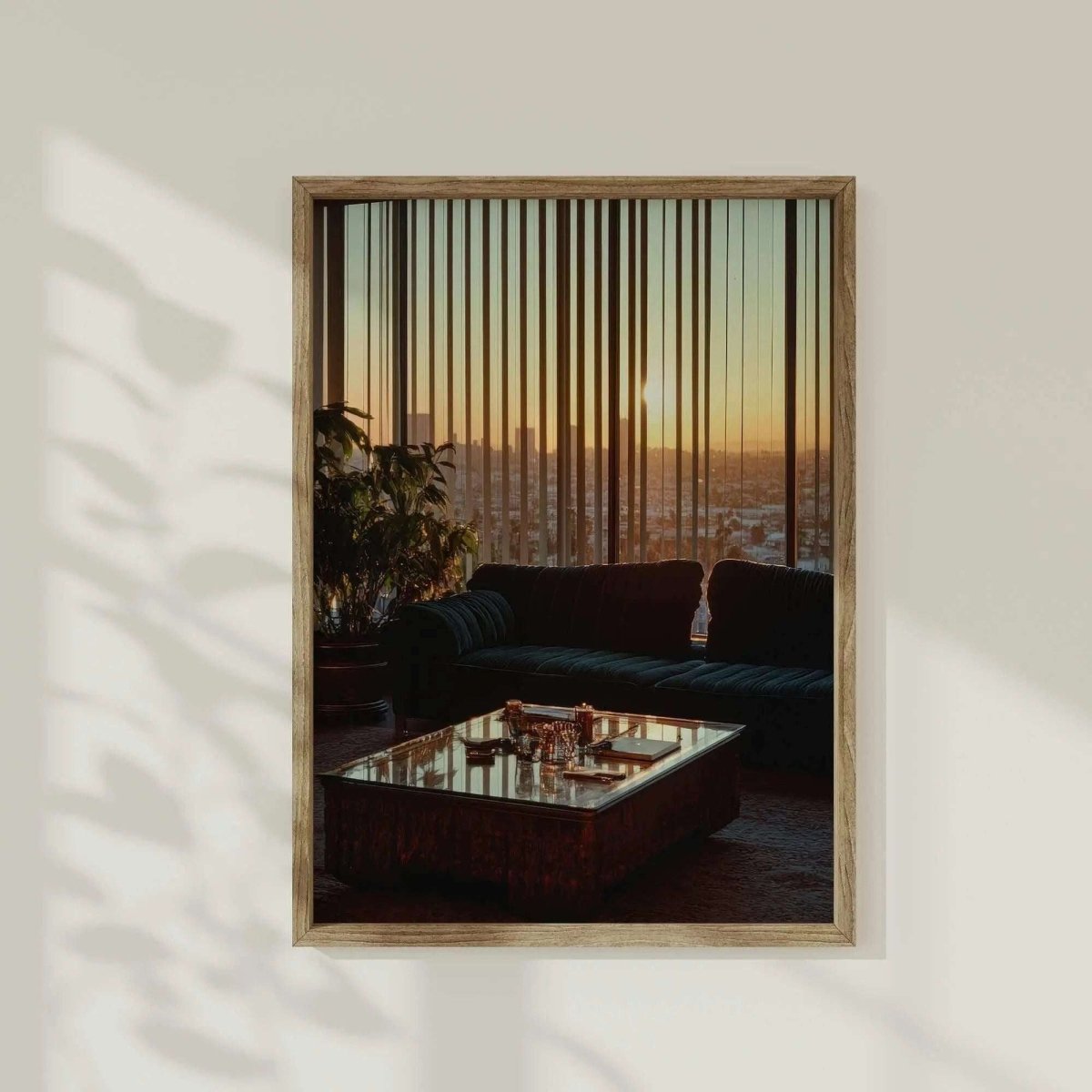 Vintage Cityscape Poster Set of 3 printable art featuring sunset city views in a modern living room, digital wall art by Haus of Prints.
