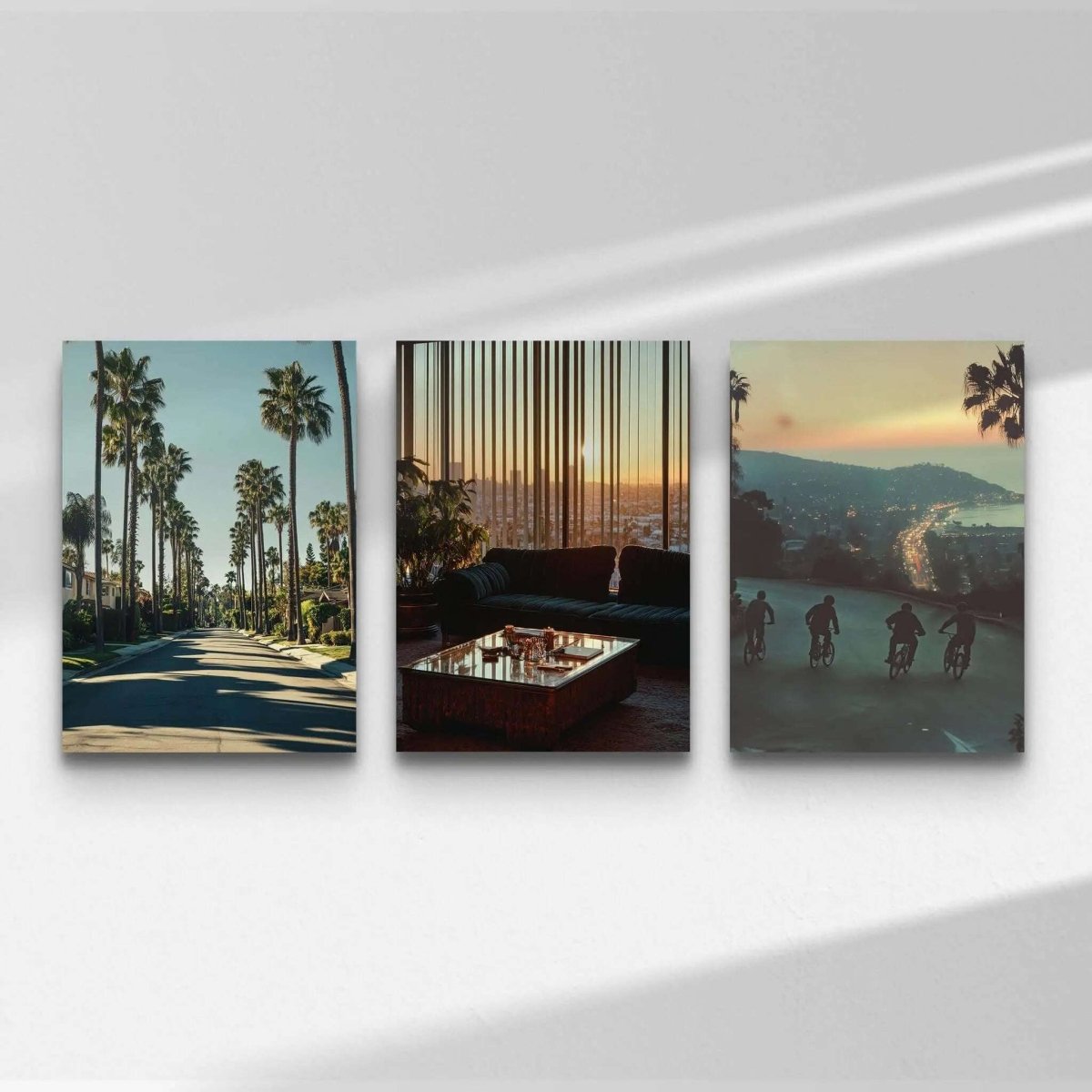 Vintage Cityscape Poster Set of 3 featuring palm trees, city interiors, and biking at sunset, printable digital wall art by Haus of Prints.