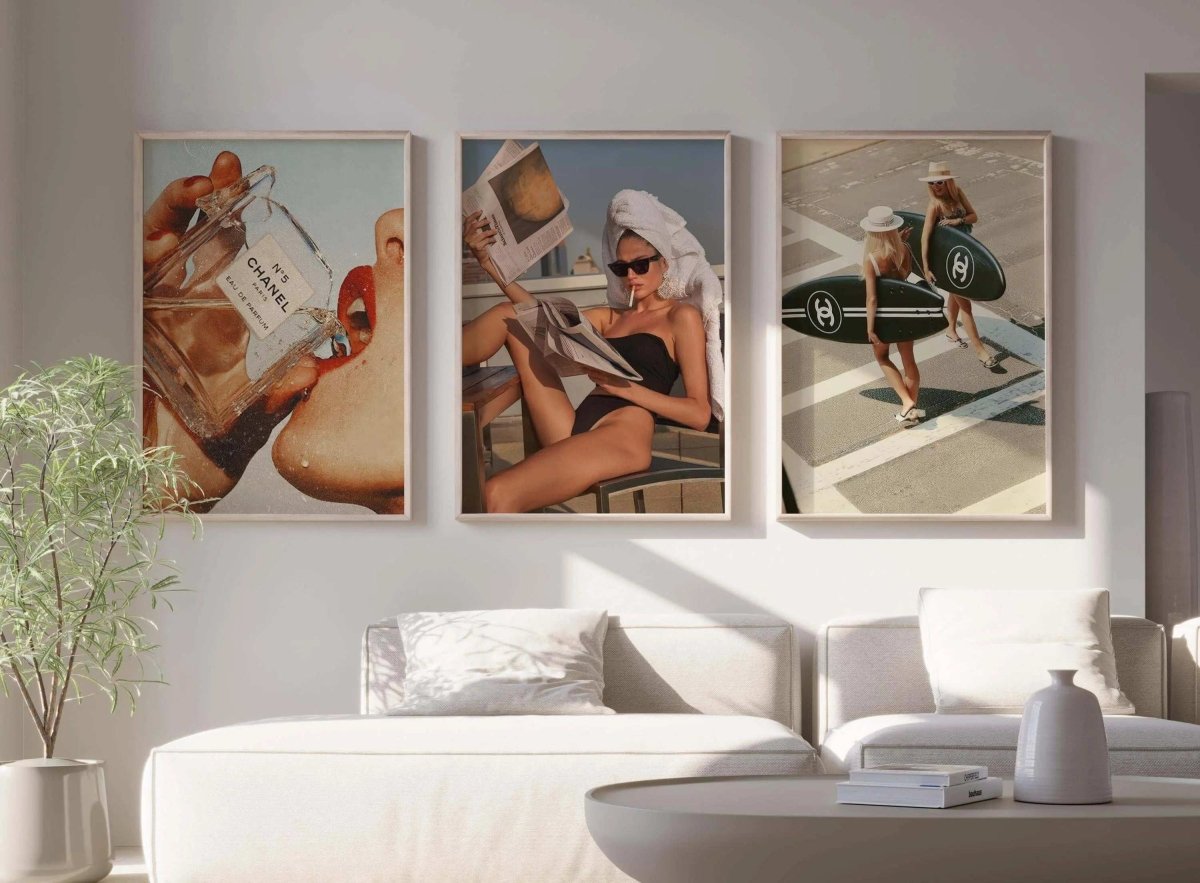 Vintage Fashion Poster Set of 3 featuring chic retro glamour in framed digital wall art above sofa in modern living room — Haus of Prints.