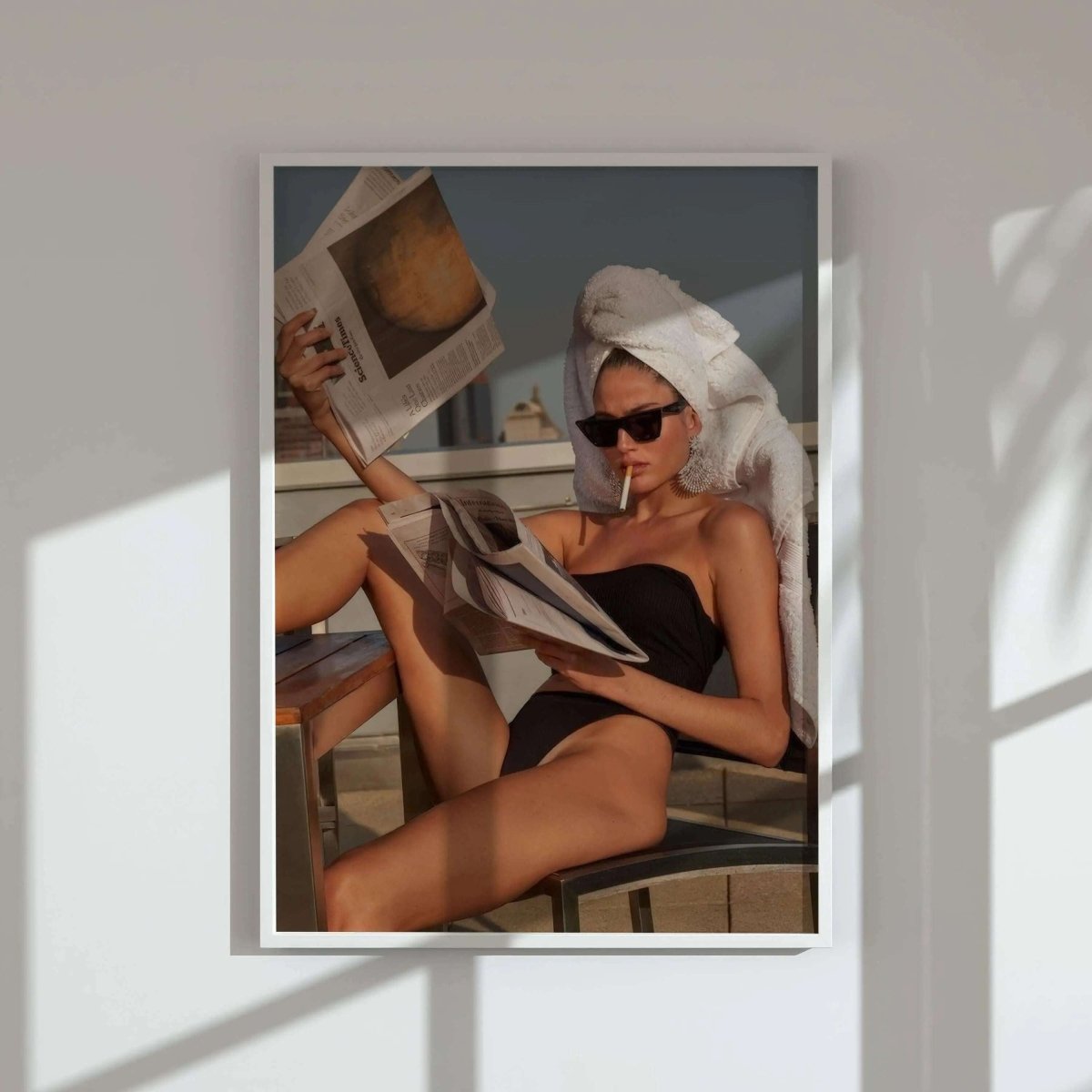 Vintage fashion poster printable wall art featuring a woman reading by the pool in swimsuit, modern living room decor, Haus of Prints.