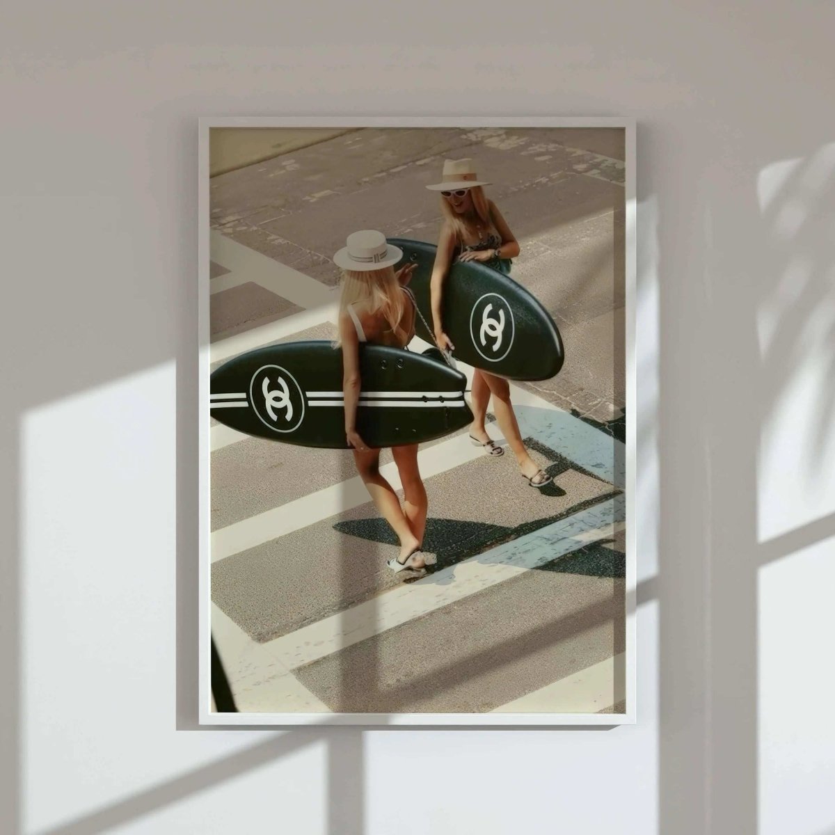 Vintage Fashion Poster Set of 3 featuring chic retro women with surfboards, framed digital wall art for stylish home decor, Haus of Prints.