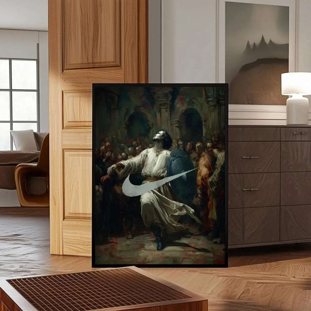 Bold Vintage Fashion Renaissance Wall Art Print displayed in modern hallway, merging classical art with streetwear-inspired swoosh design.