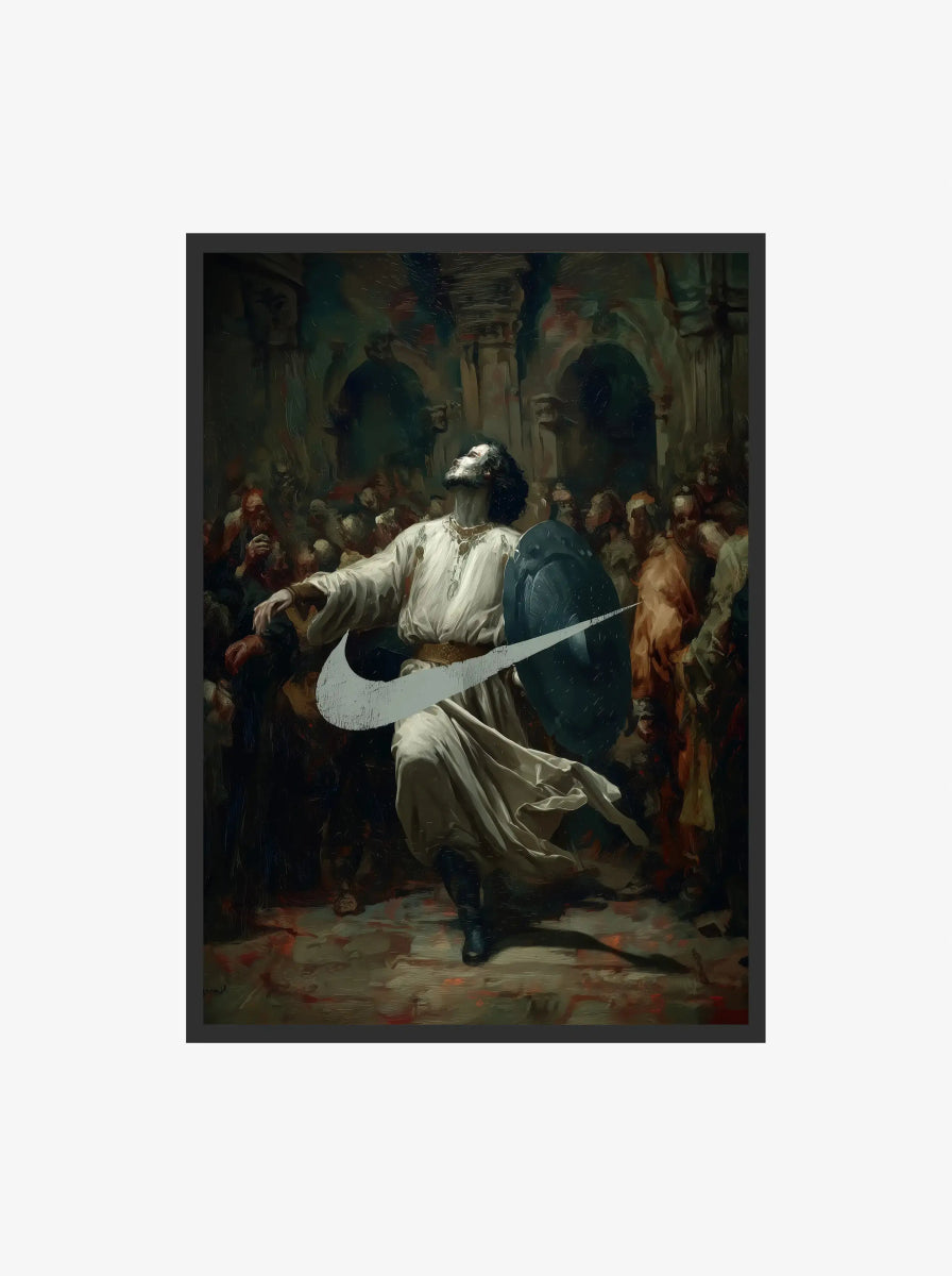 Vintage Fashion Renaissance Wall Art Print by Haus of Prints featuring a classical warrior in flowing robes with a bold Nike swoosh overlay.