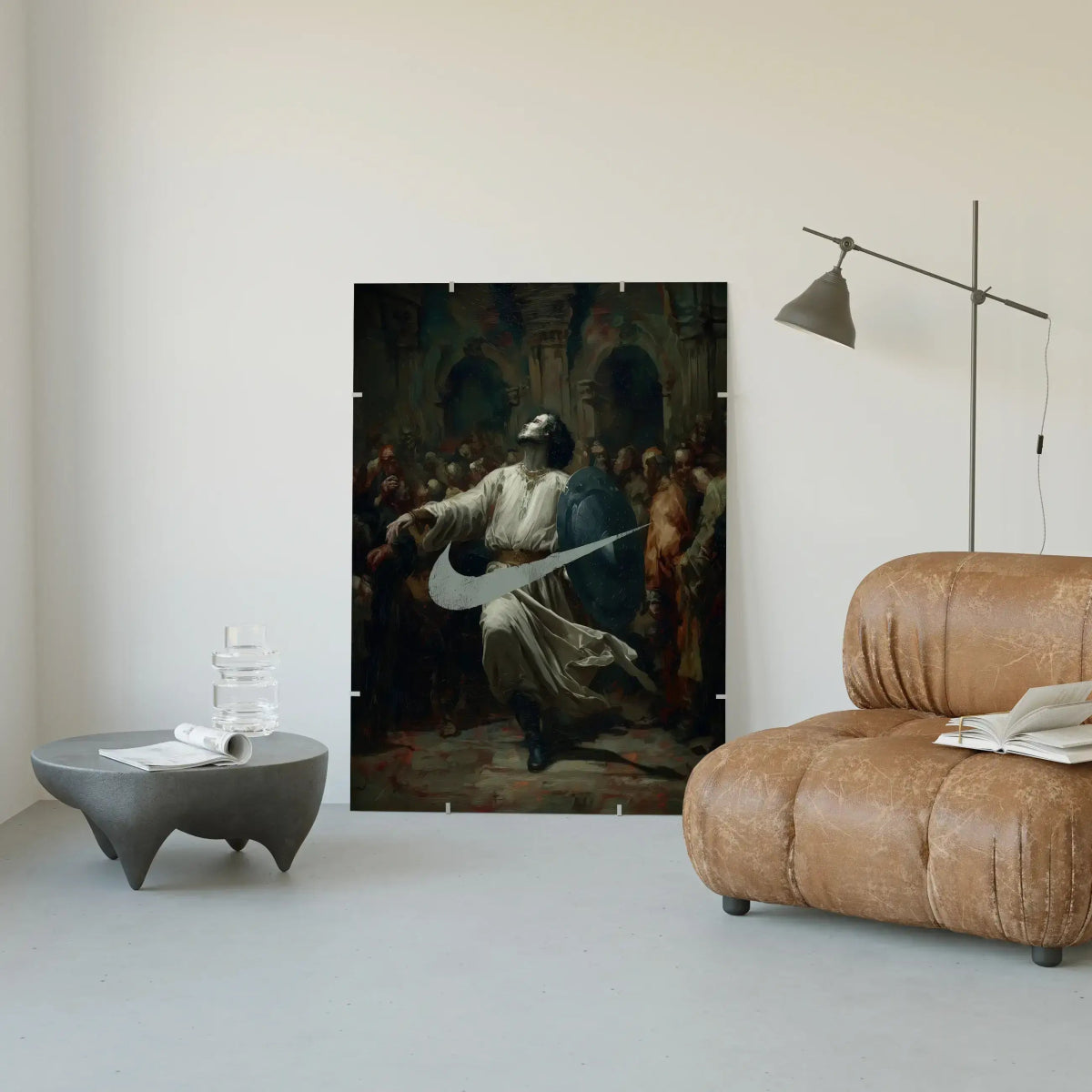 Minimalist room with Vintage Fashion Renaissance Wall Art Print, featuring a dramatic baroque figure and Nike swoosh, ideal for hypebeast decor.
