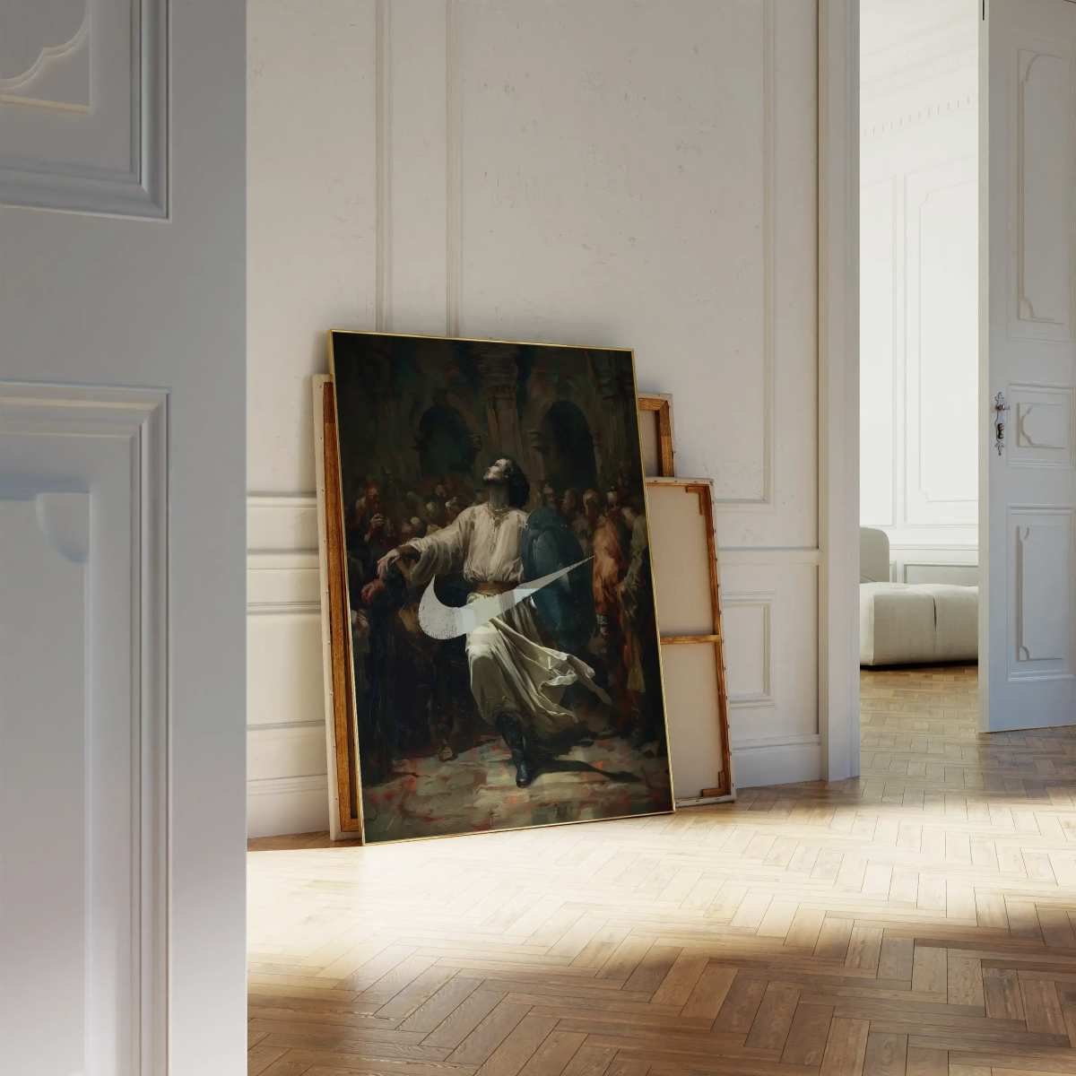 Vintage Fashion Renaissance Wall Art Print resting on parquet floor in elegant white interior, showcasing high-res sneakerhead decor.