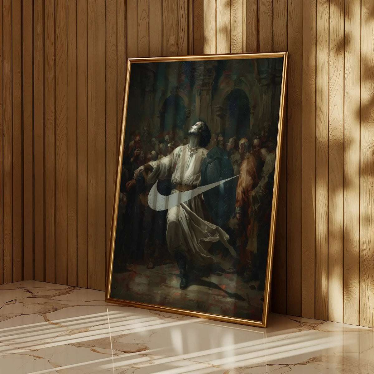 Framed Vintage Fashion Renaissance Wall Art Print leaning against wood-paneled wall, blending baroque style with modern sneaker culture.