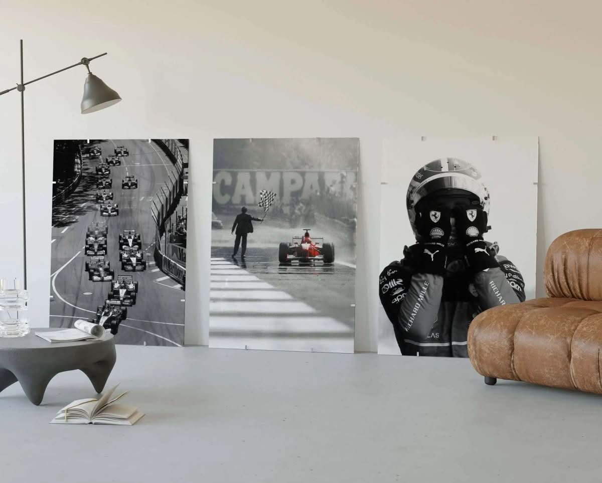 Close-up of Vintage Formula 1 Wall Art featuring race cars on a track, ideal for car enthusiasts.