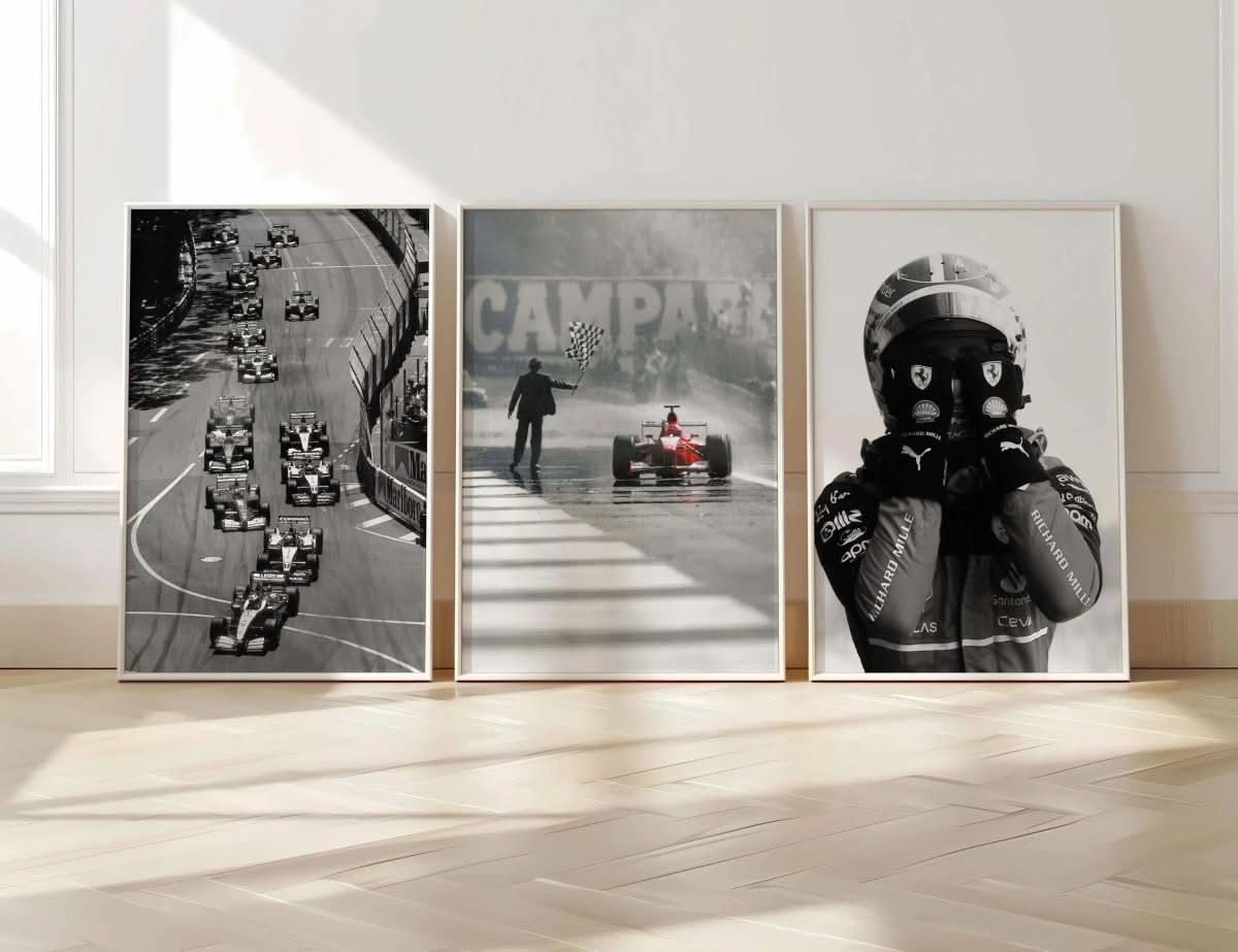 Vintage Formula 1 Wall Art showcasing a celebratory driver in helmet, perfect for racing fans.