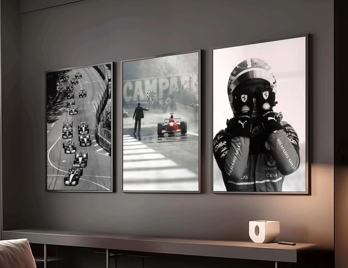 Vintage Formula 1 Wall Art Set featuring race cars in action, adding an adrenaline rush to any decor.