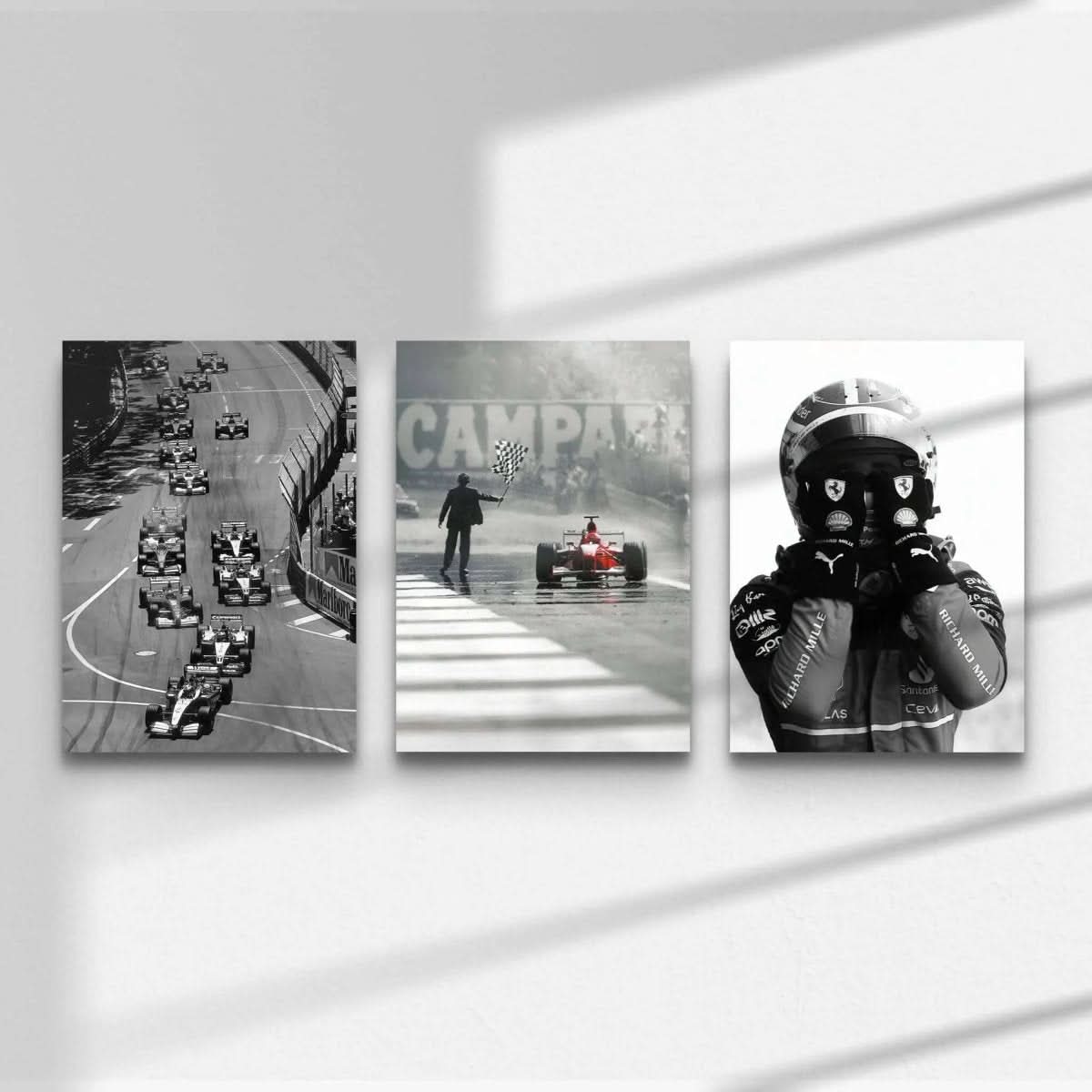 Vintage Formula 1 Wall Art Set of 3 featuring race cars on a track, a finish line celebration, and a driver in helmet.