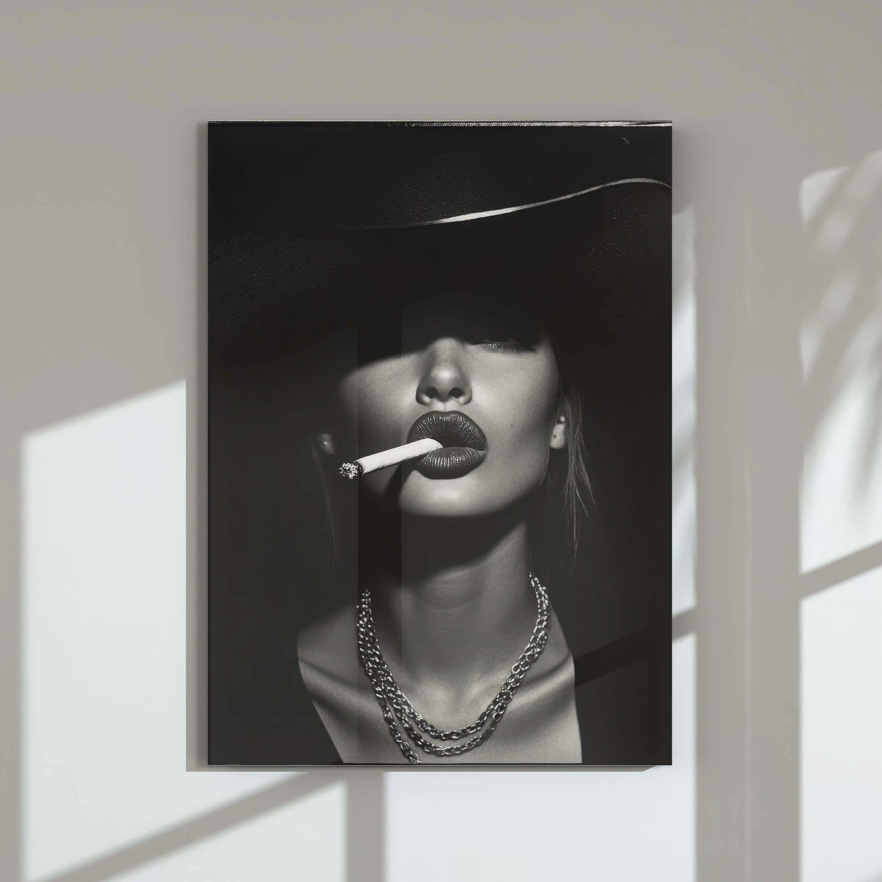 Vintage Luxury Fashion Portrait Poster featuring a stylish woman with a cigarette in dark tones, digital wall art by Haus of Prints.
