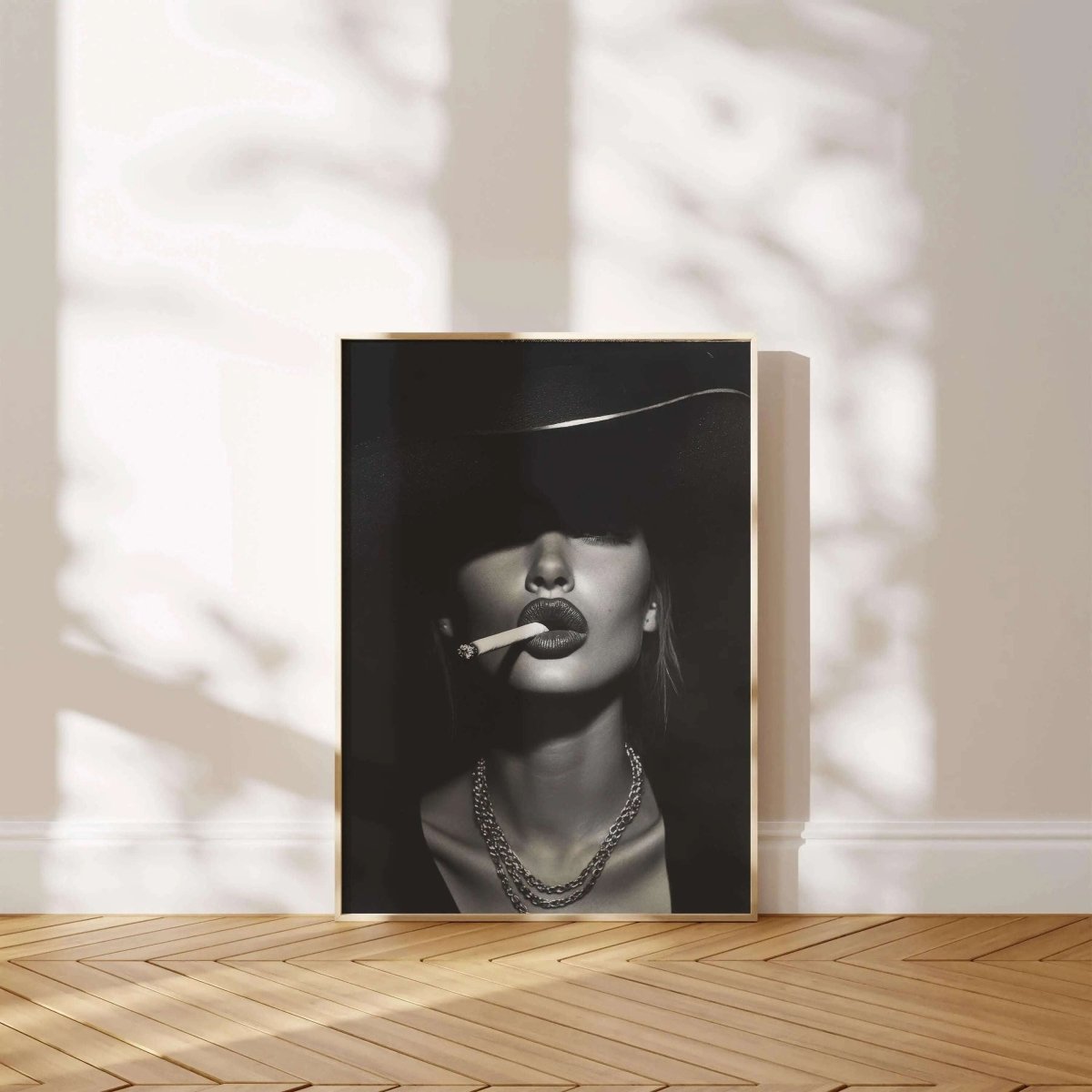Vintage Luxury Fashion Portrait Poster in black and white digital wall art, framed on wooden floor in bright modern room — Haus of Prints.
