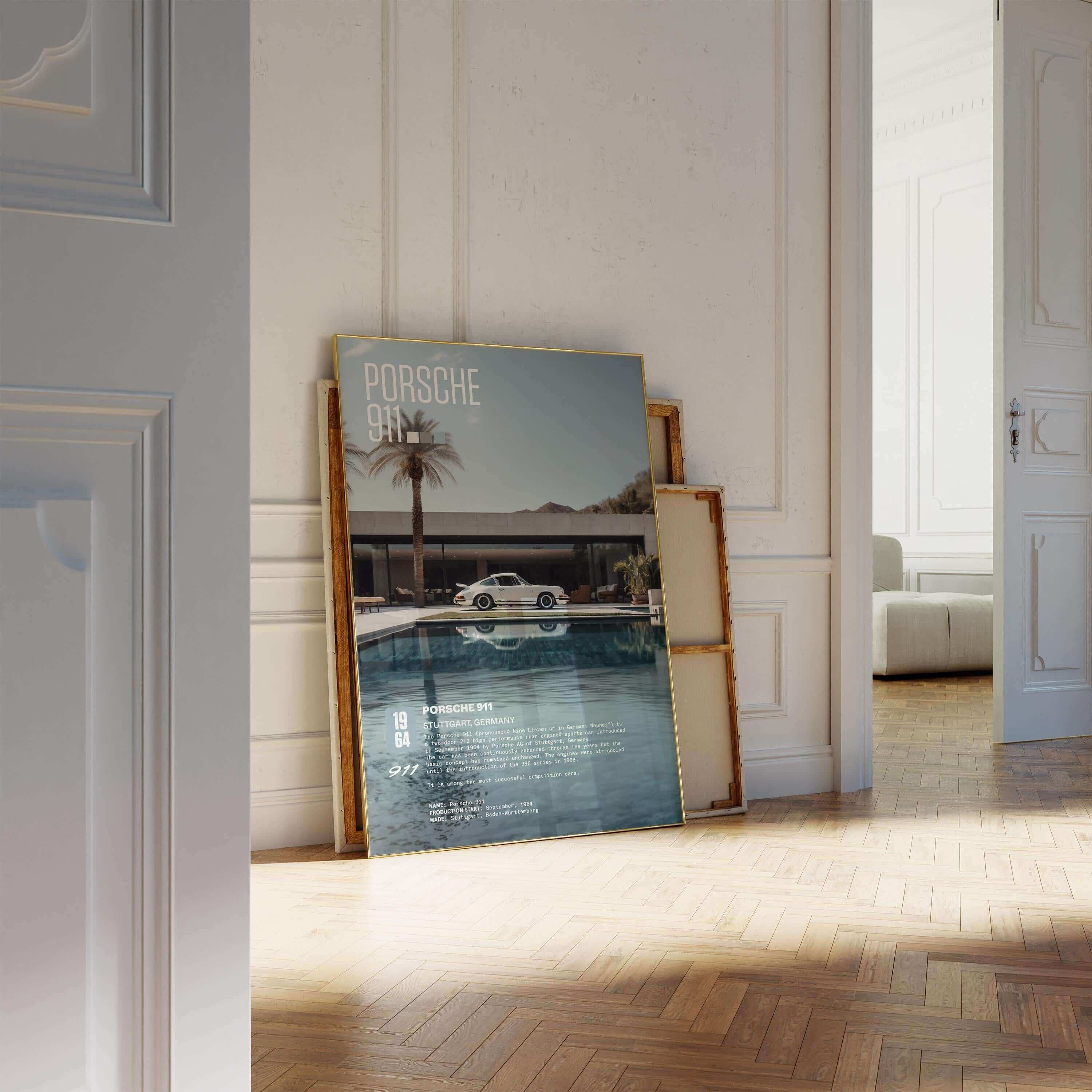Vintage Porsche 911 poster leaning against a wall in a stylish interior, perfect for automotive art decor.