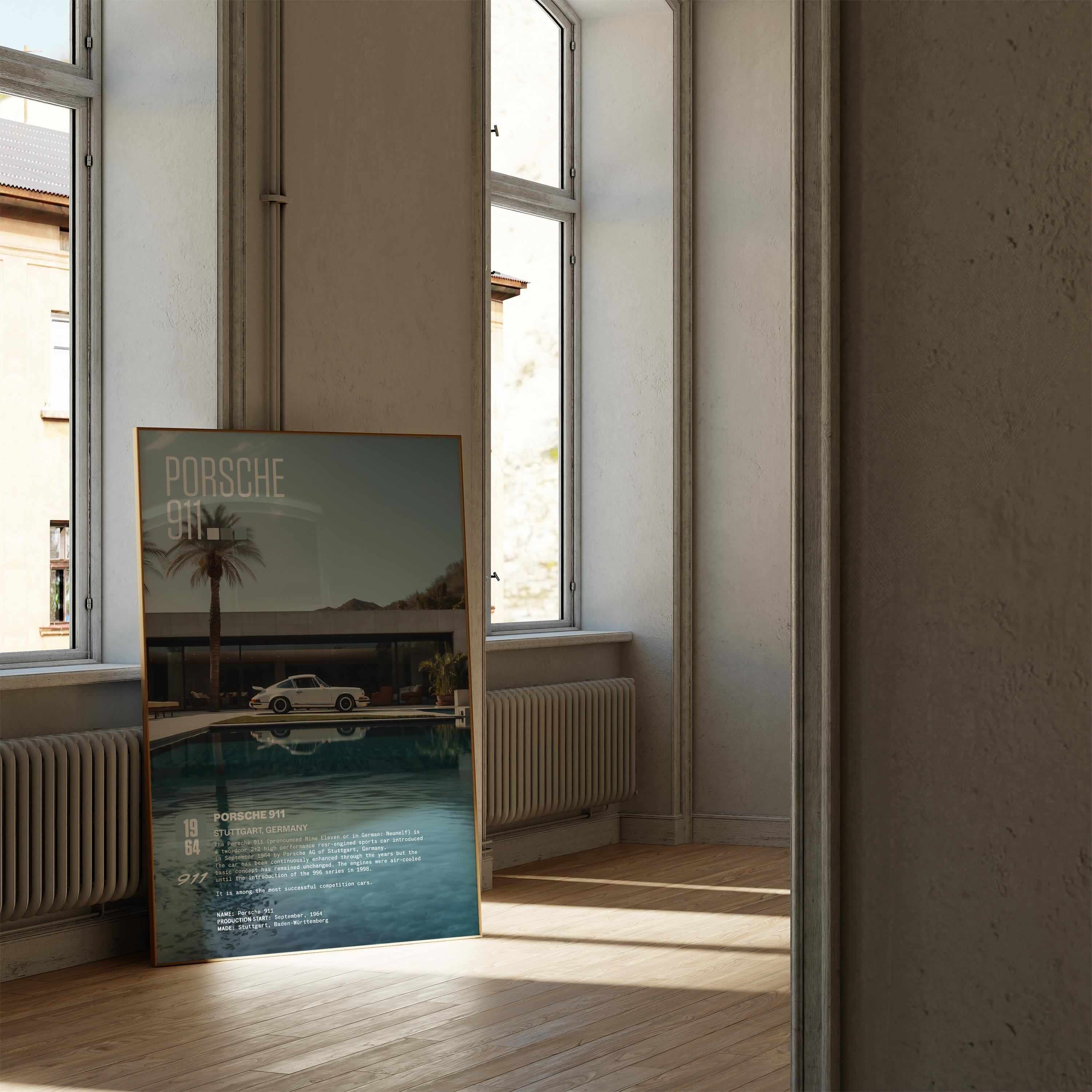 Vintage Porsche 911 poster displayed in a bright room with large windows, enhancing interior decor.