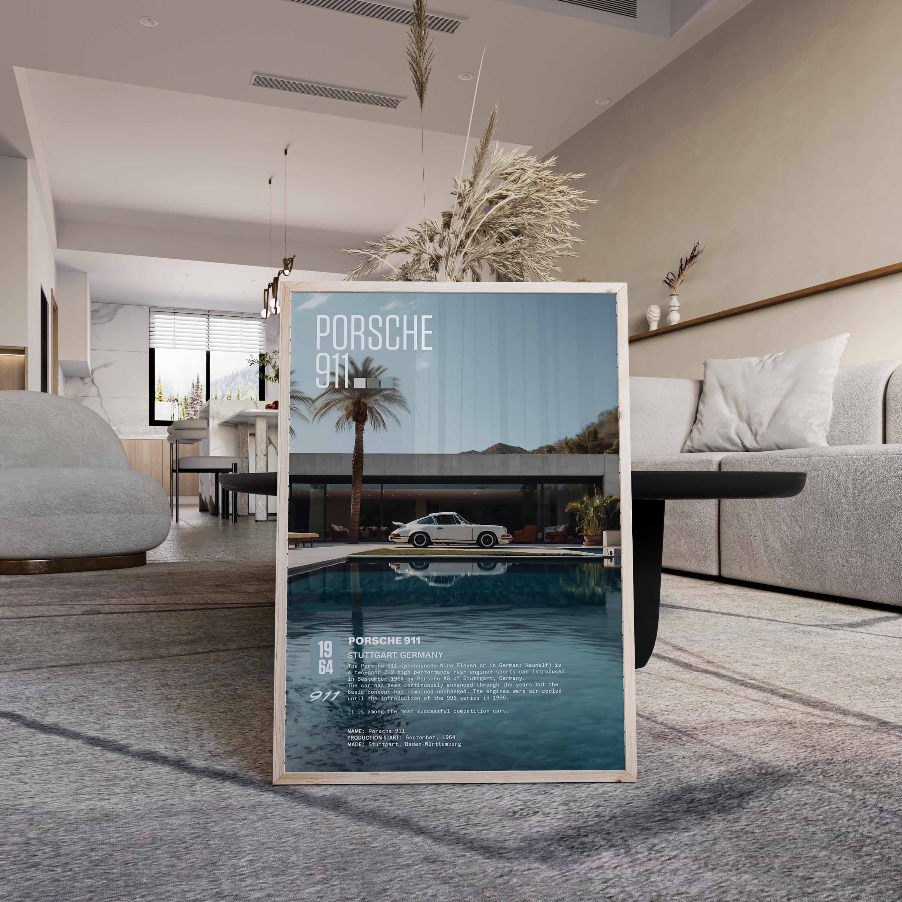 Vintage Porsche 911 poster displayed in a modern living room with a pool view, stylish wall art download.
