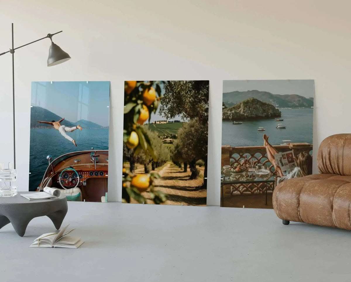 Vintage Seascape Prints Set of 3 showcasing a picturesque olive tree pathway with yellow lemons.
