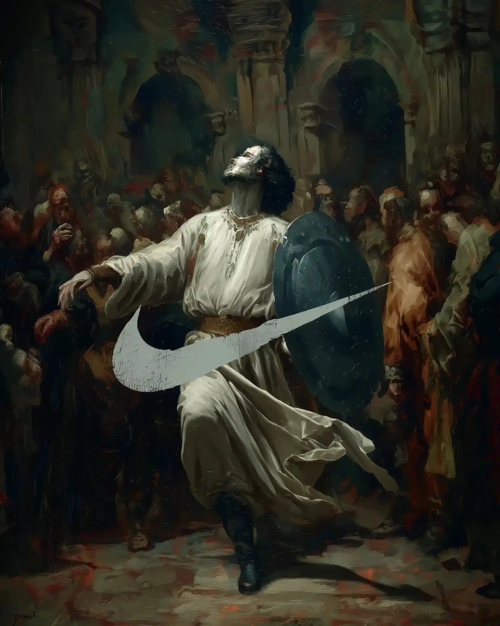 Mural of a historical scene with a Nike logo overlay