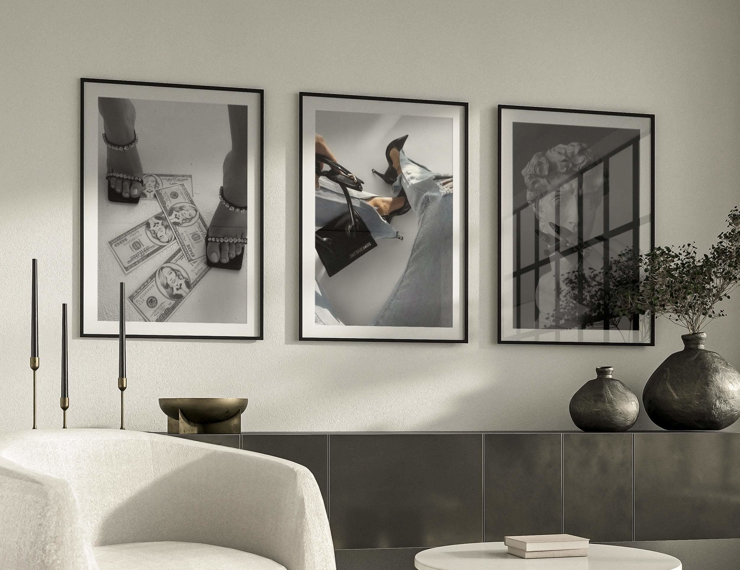 Vogue Fashion Poster Set of 12 featuring stylish black and white fashion digital wall art framed in a modern living room, Haus of Prints.
