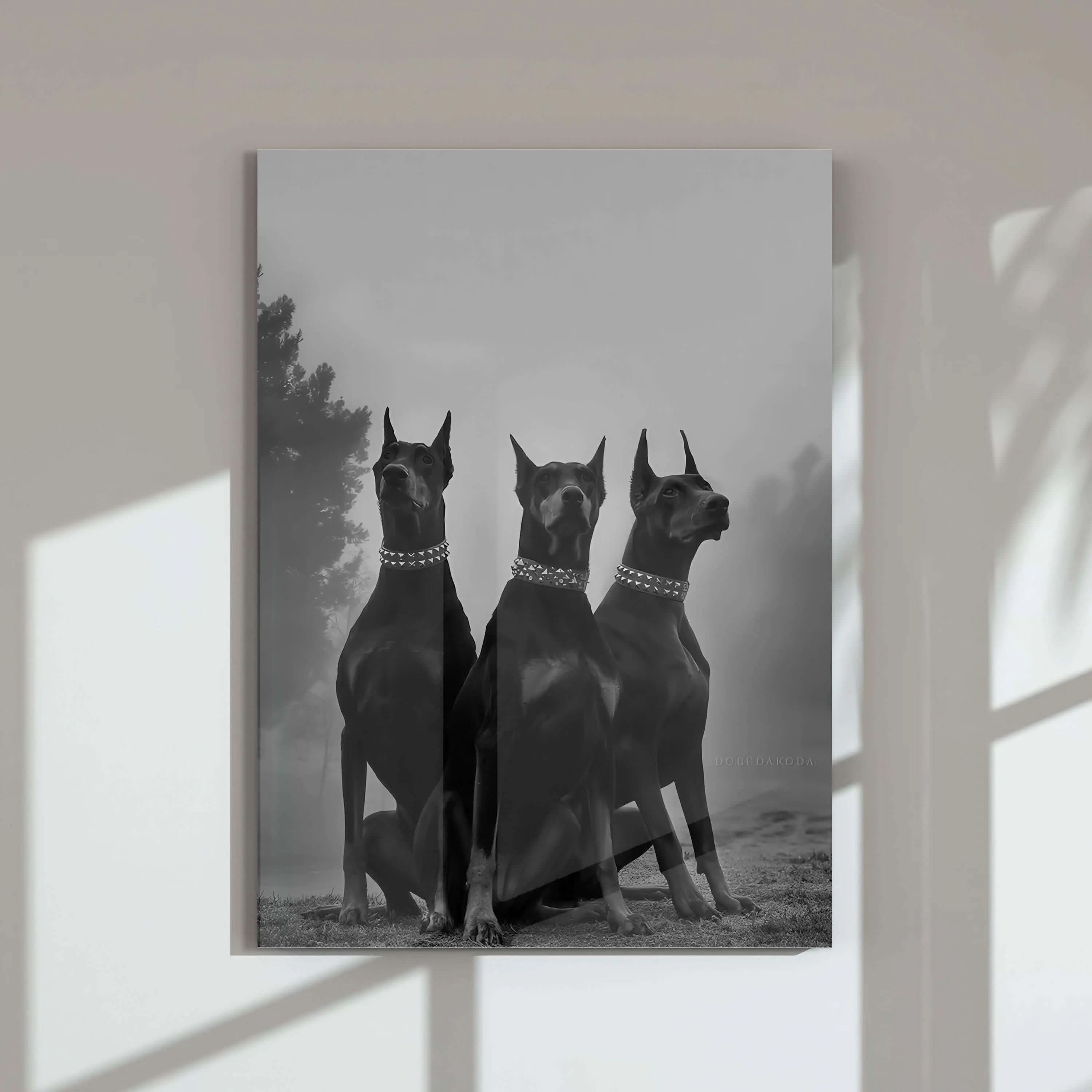 Close-up of three proud Doberman dogs, dressed with spiked collars in monochrome.