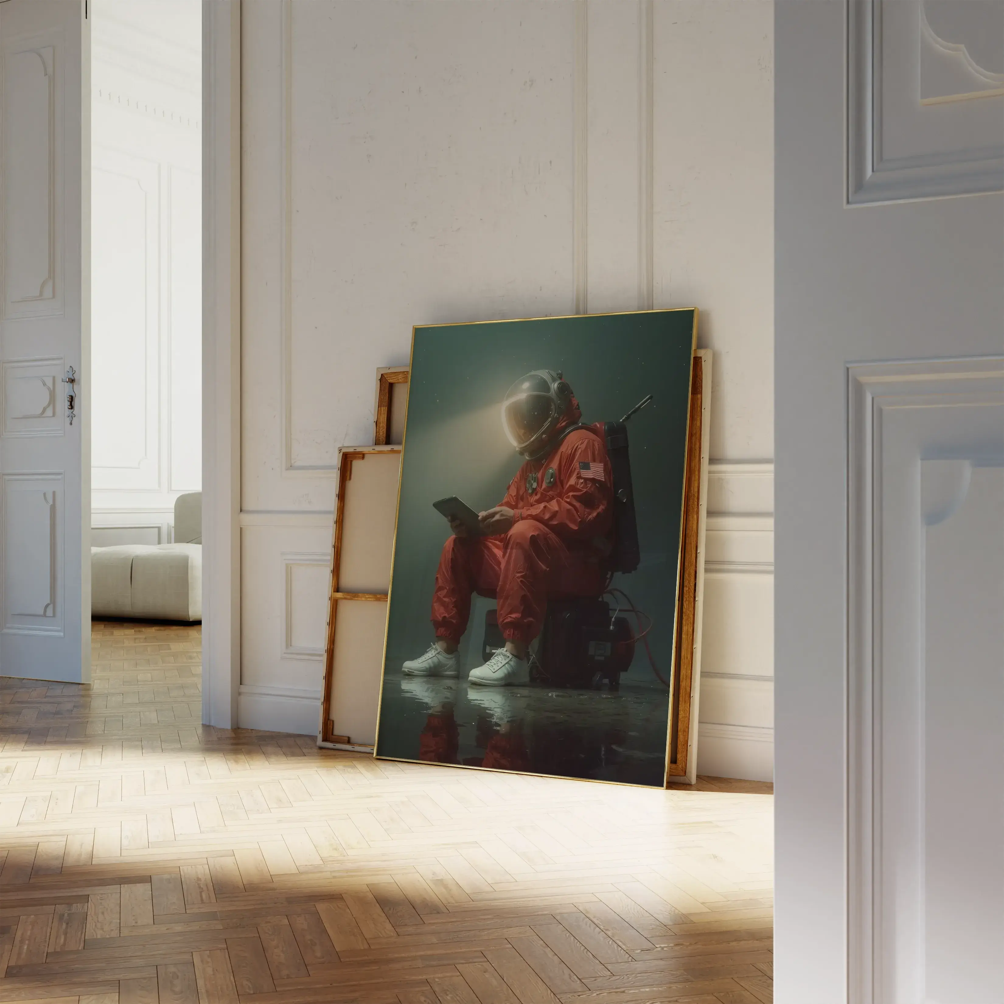 Astronaut wall art print leaning against wall in modern interior, showcasing stunning digital space poster decor.