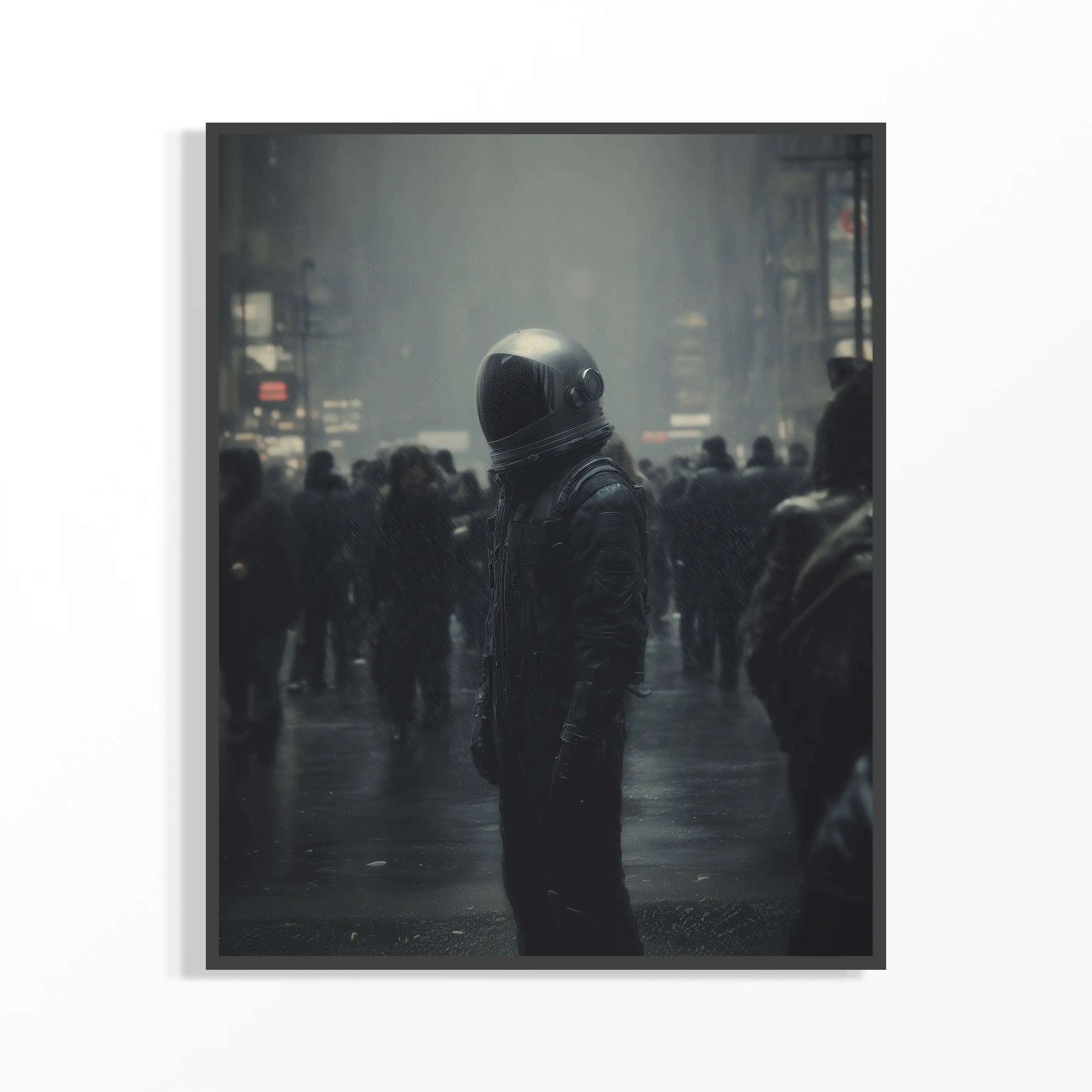 Person wearing a helmet in a crowd on a city street at night