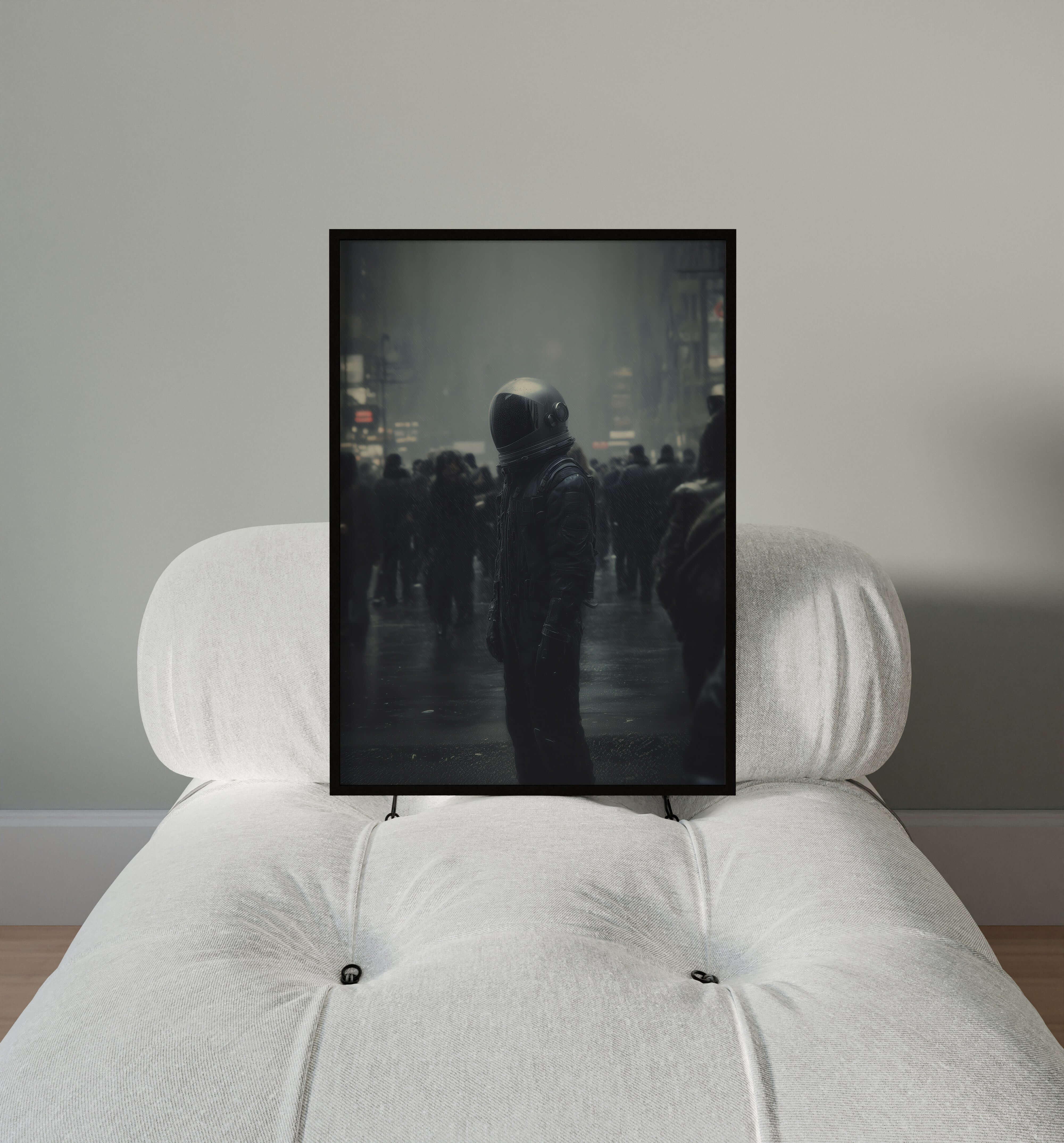 Astronaut Dystopian City Art Print displayed on a modern chair, capturing a striking futuristic mood.