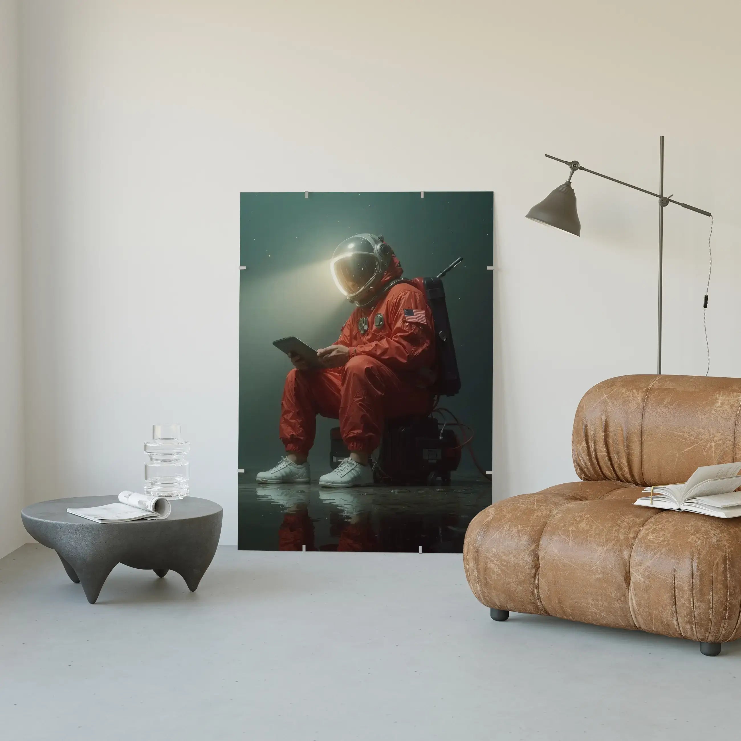 Astronaut wall art print featuring an astronaut seated in a tranquil setting, ideal for modern cosmic décor.