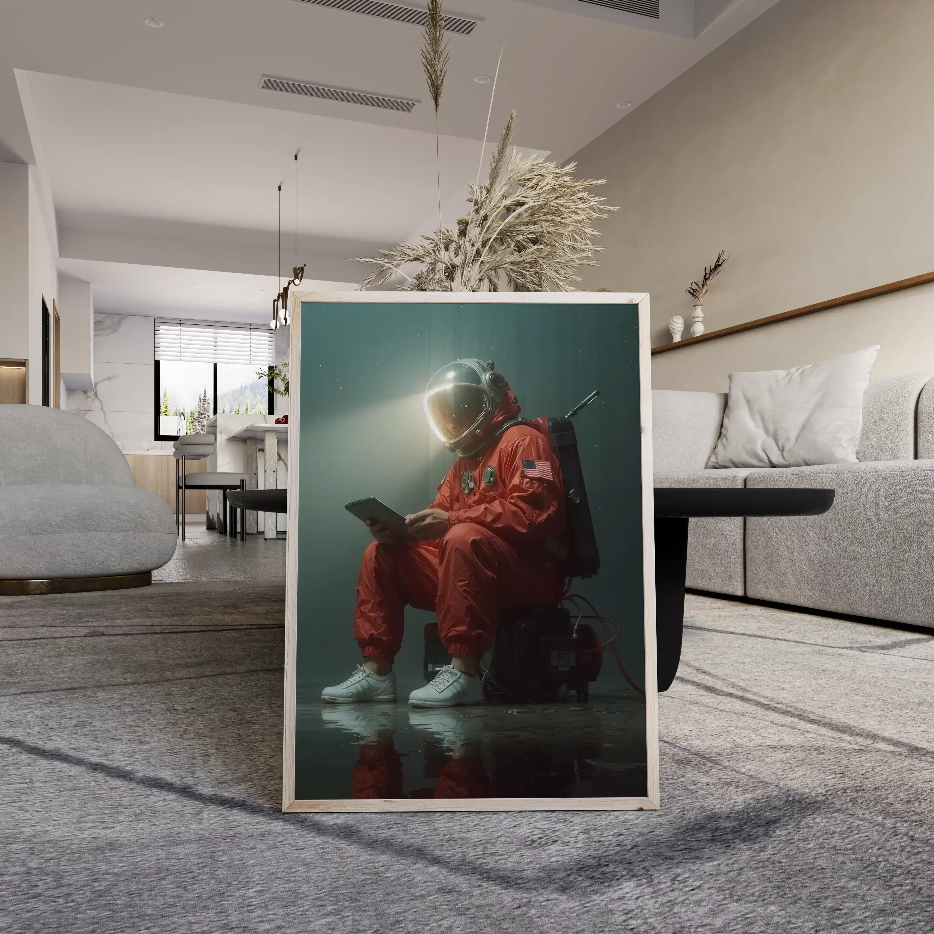 Astronaut wall art print featuring a seated astronaut in a cozy living room, perfect for cosmic décor and modern spaces.