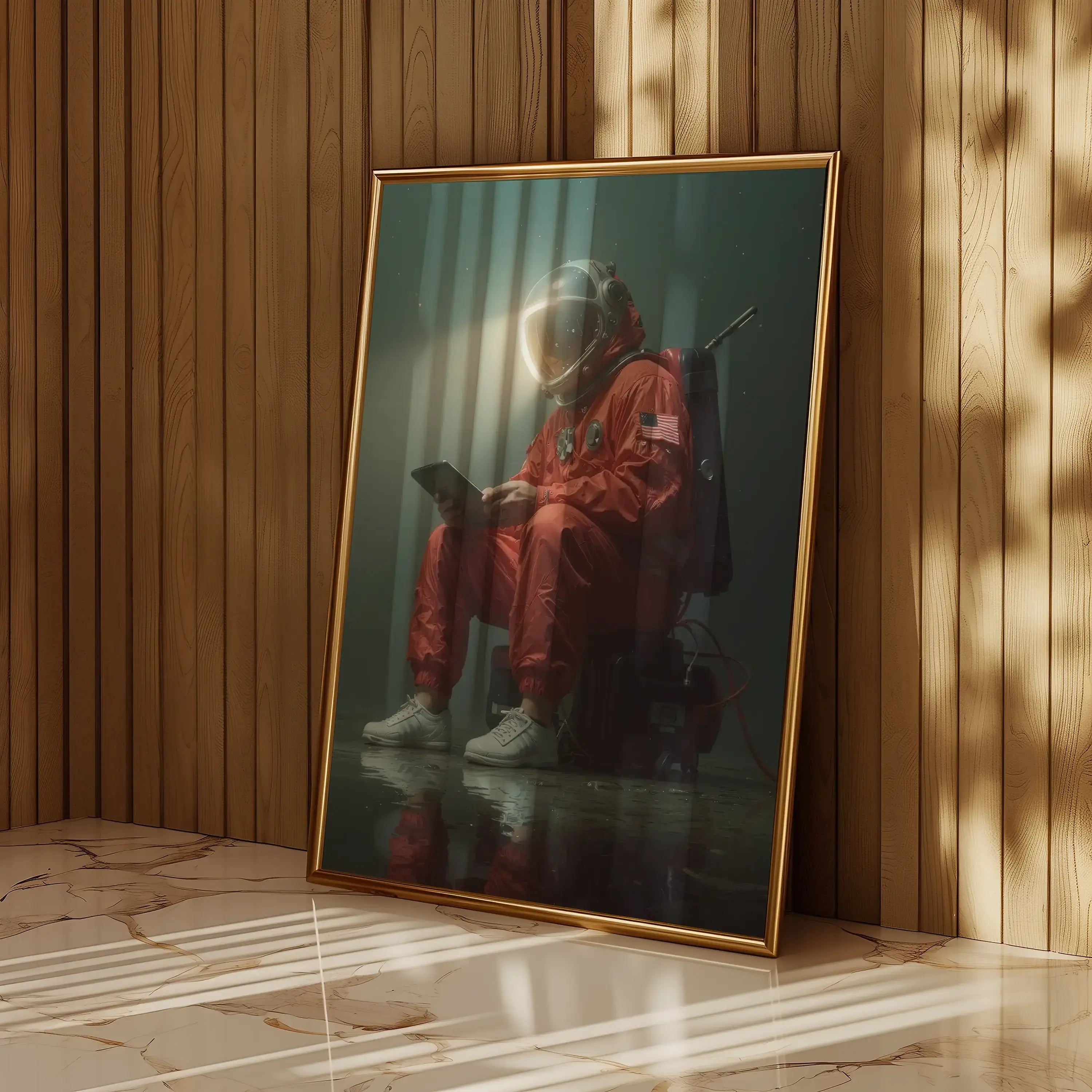 Astronaut wall art print featuring an astronaut in red suit seated indoors, perfect for modern cosmic décor.