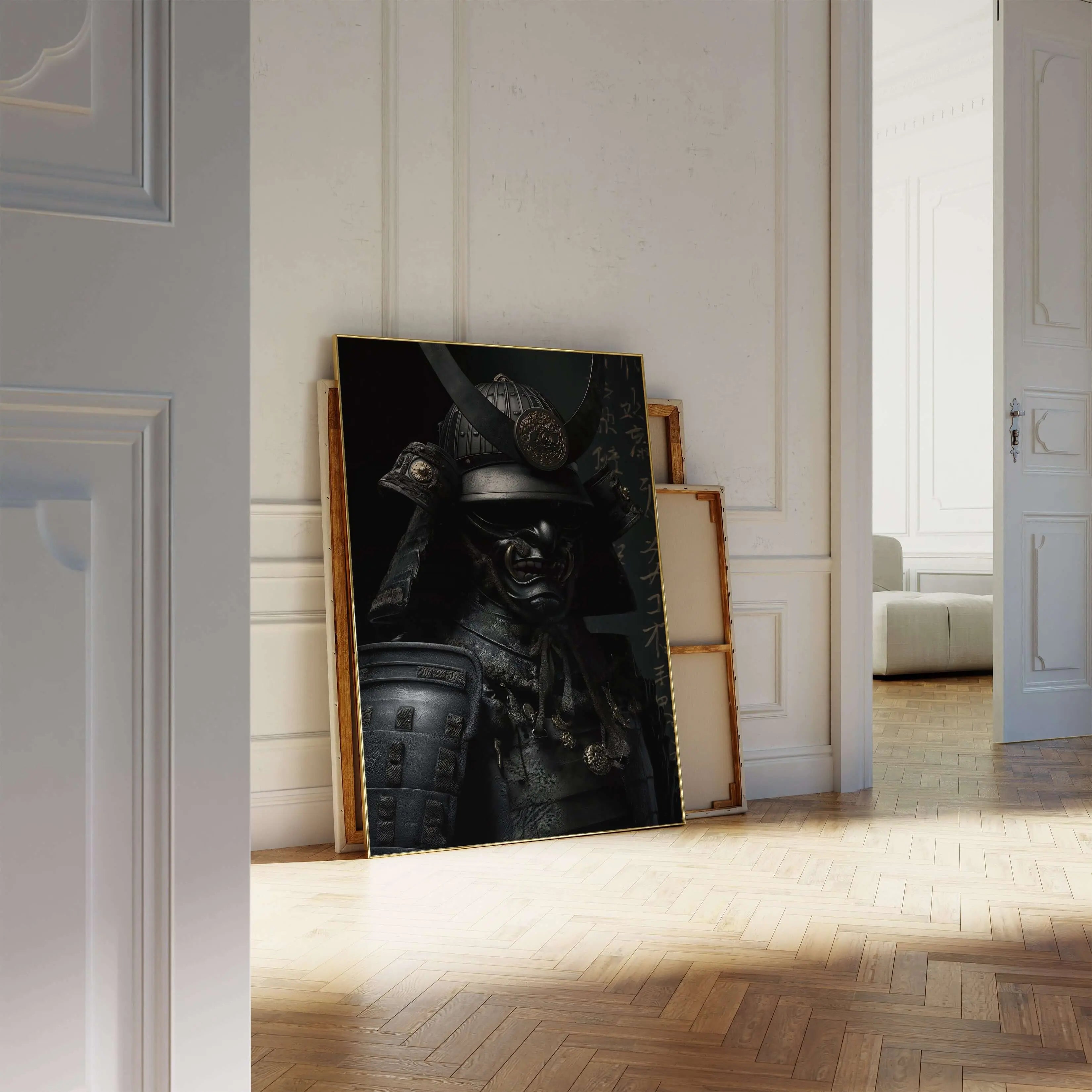 Shadow Honor II Black Samurai Art Print displayed in a modern interior, adding elegance and sophistication to the decor.