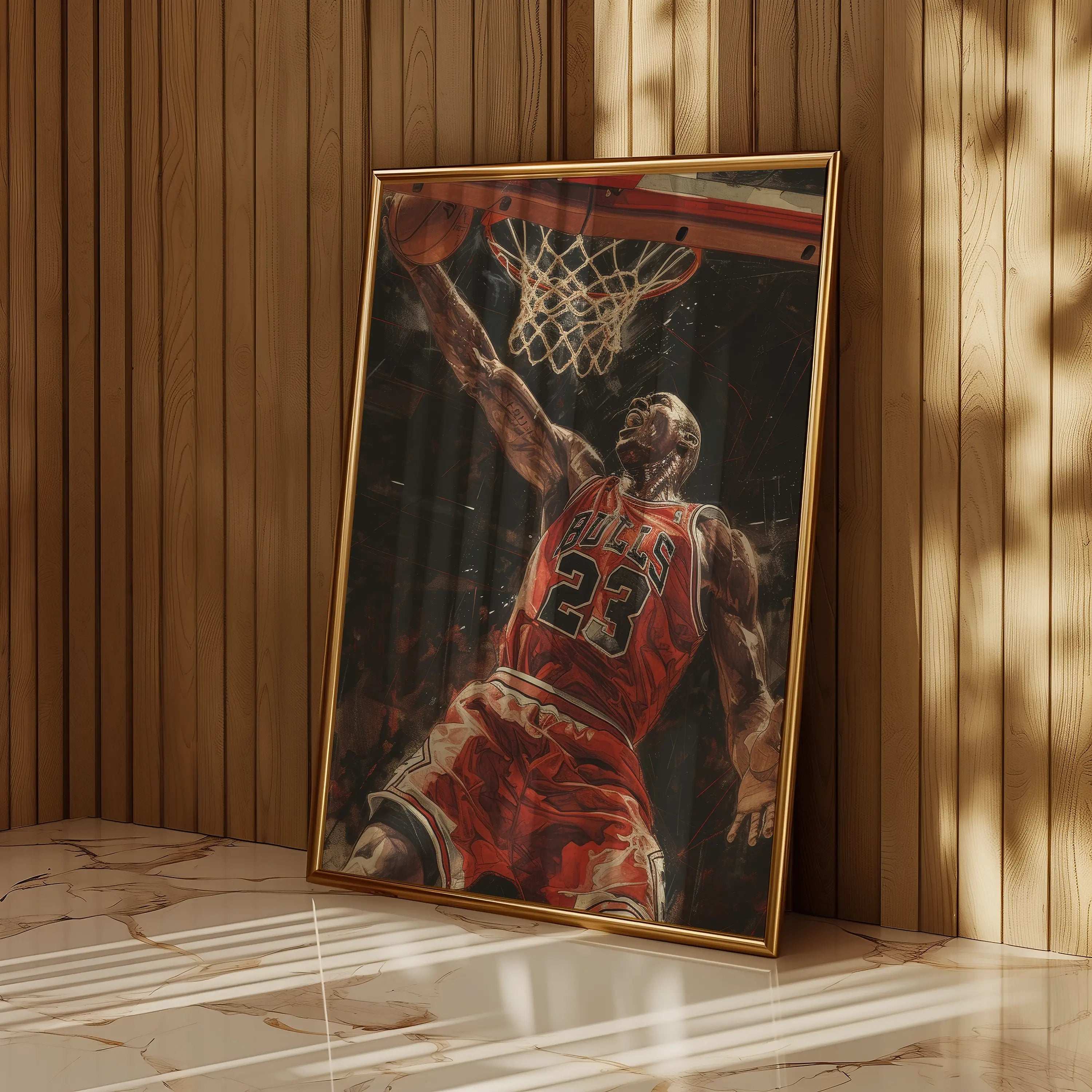 Framed artwork of a basketball player in a red jersey against a wooden wall.