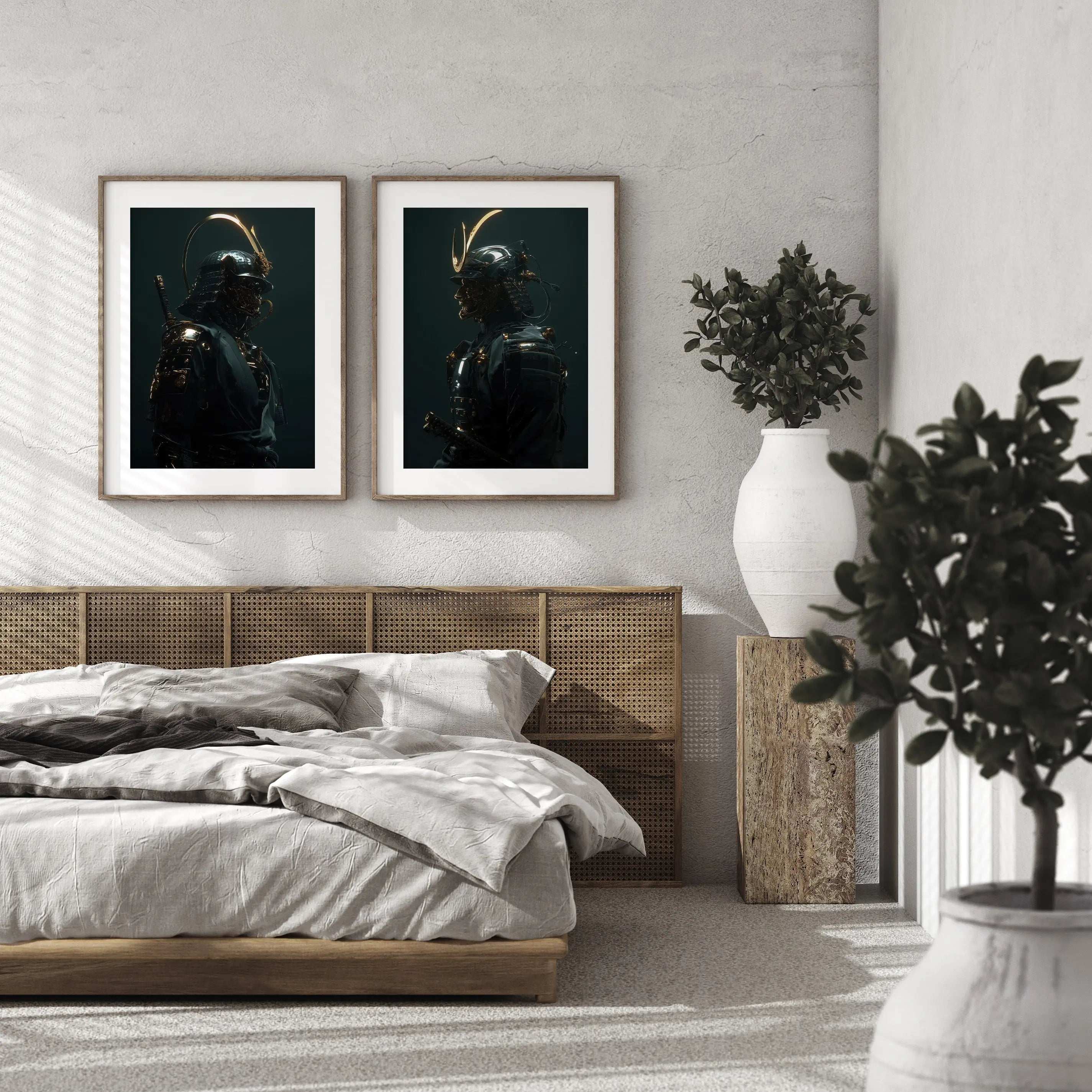 Modern bedroom with a bed, framed artwork, and decorative plants.
