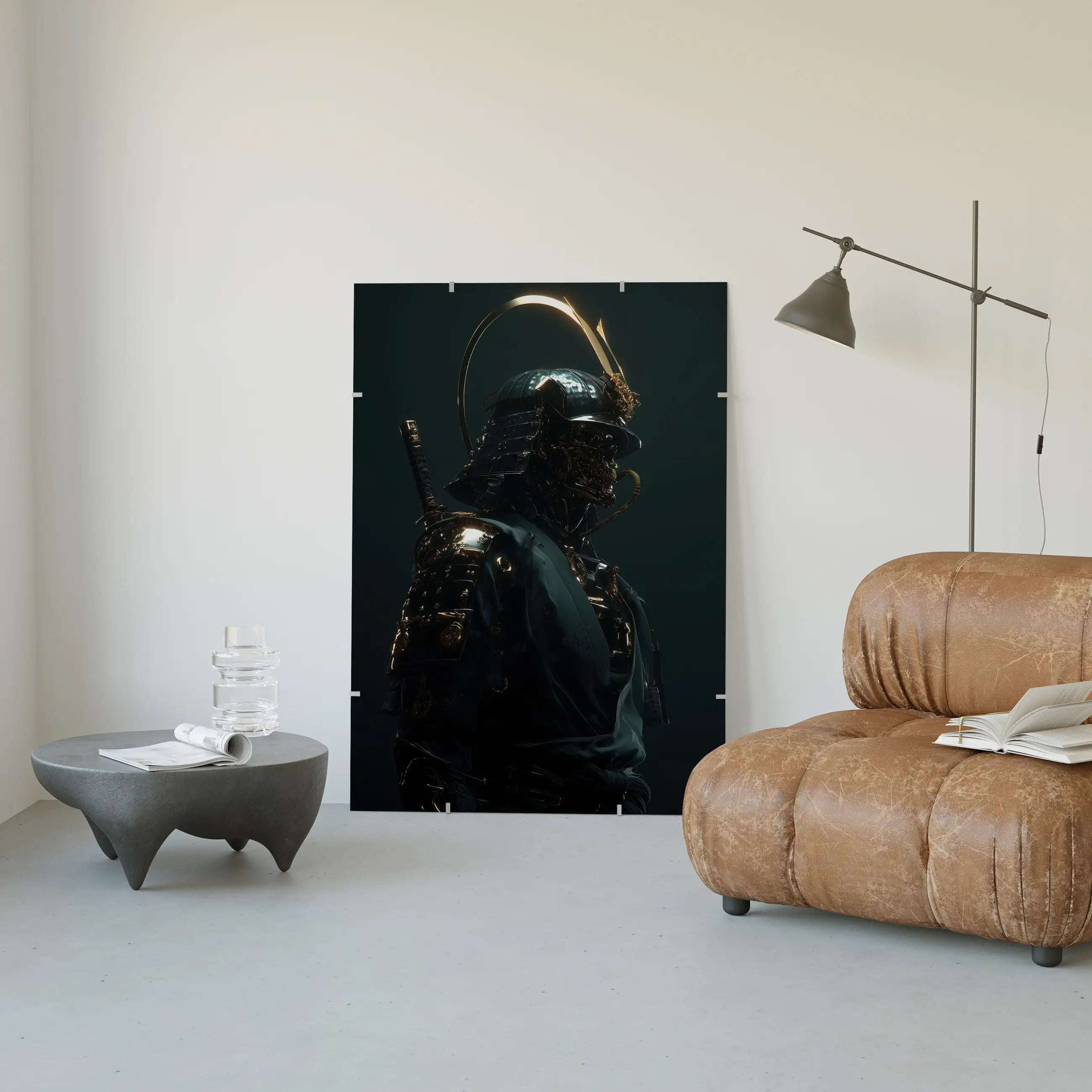 Modern living room with a samurai helmet artwork on the wall, brown leather chair, and small table.