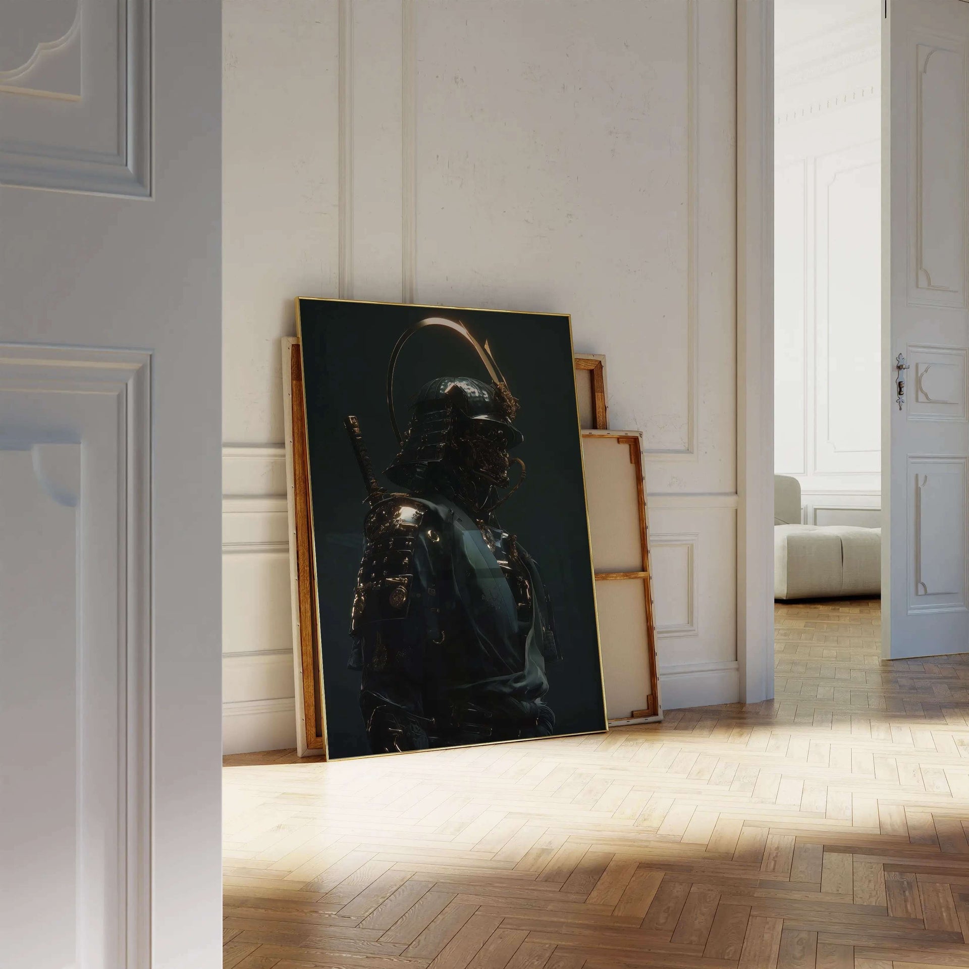 Cyberpunk Samurai artwork showcasing a single elegant warrior with detailed armor, perfect for wall display.