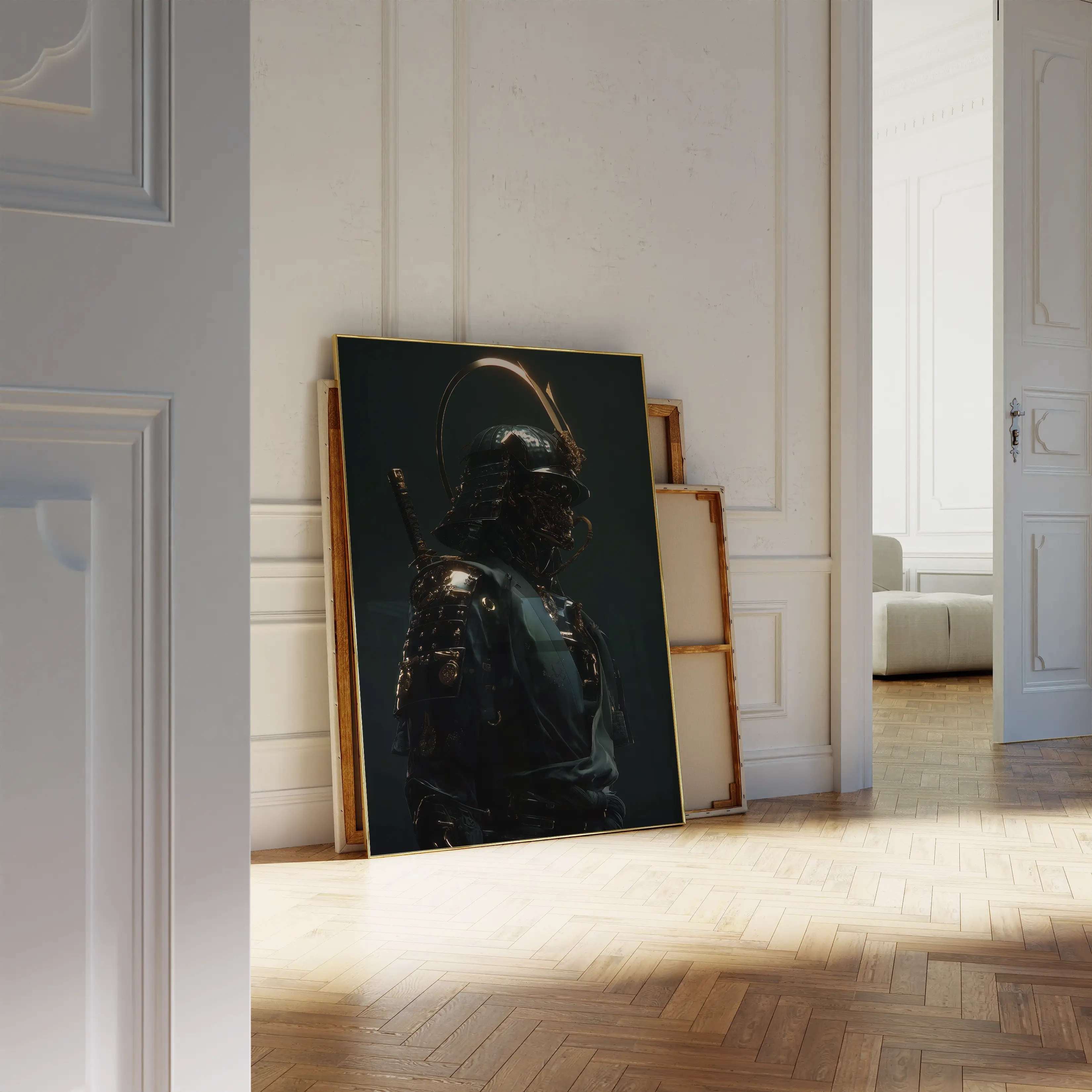 Large framed artwork of a warrior in a dark room with light streaming through a window.