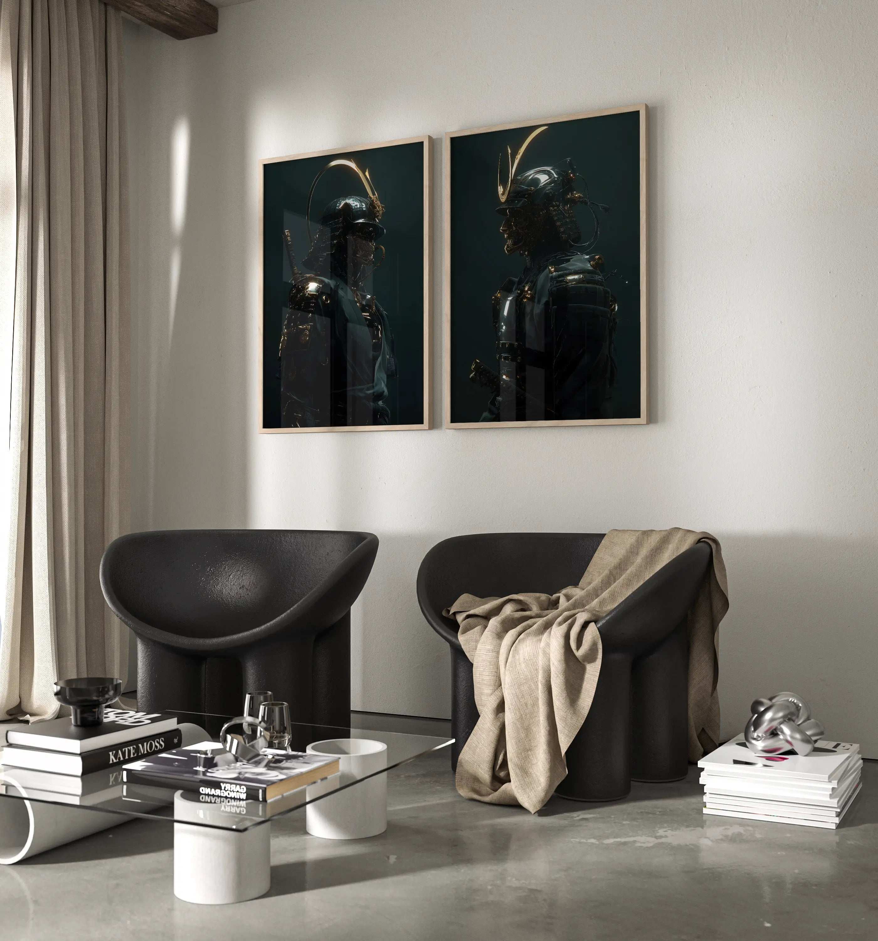 Modern living room with two framed artworks on the wall, two black chairs, and a coffee table.
