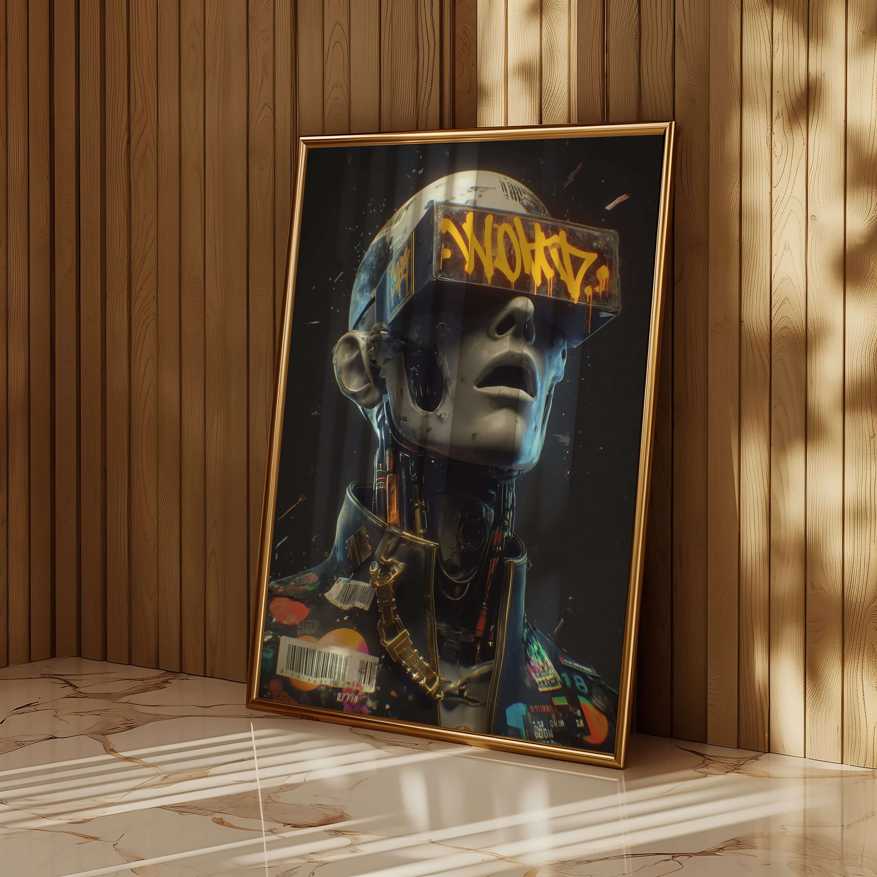 Futuristic AI wall art featuring a detailed android robot in a modern frame, perfect for tech-inspired decor.