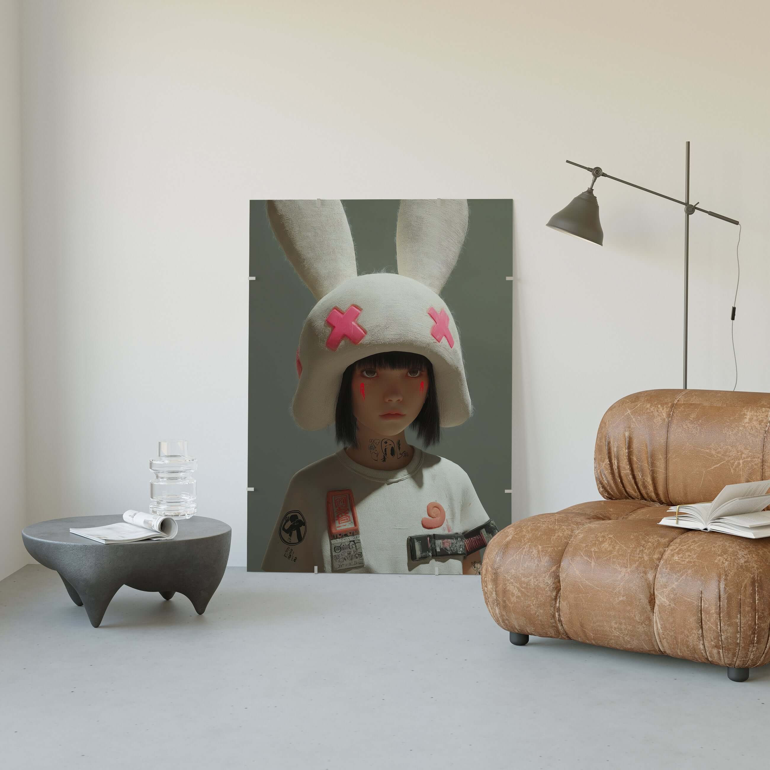 Urban Bunny Muse surreal fashion art print featuring girl in pastel bunny helmet, edgy streetwear, modern decor.