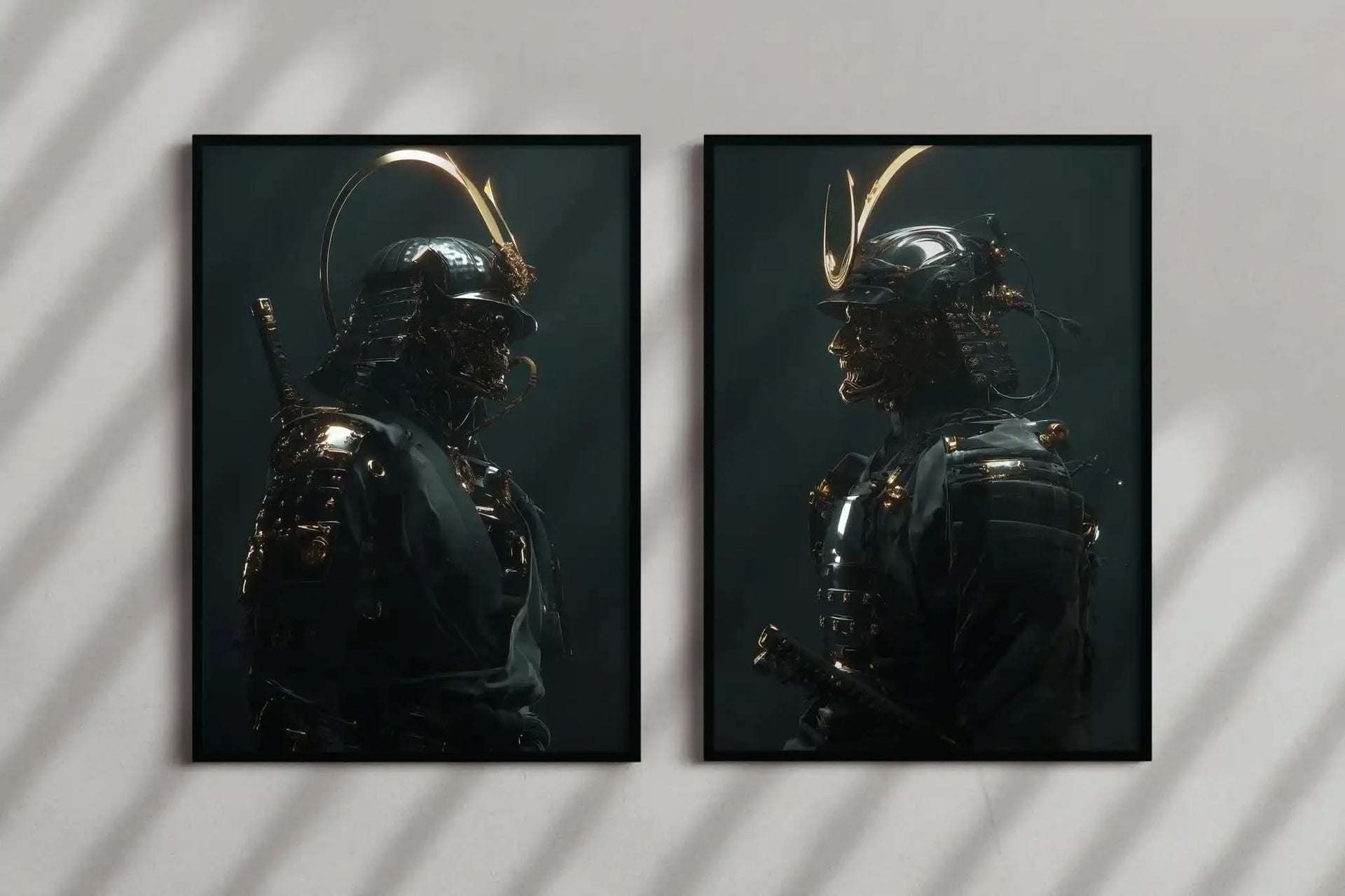 Futuristic Japanese Samurai Art Duo featuring intricate armor and gold skull motifs, ideal for modern decor.