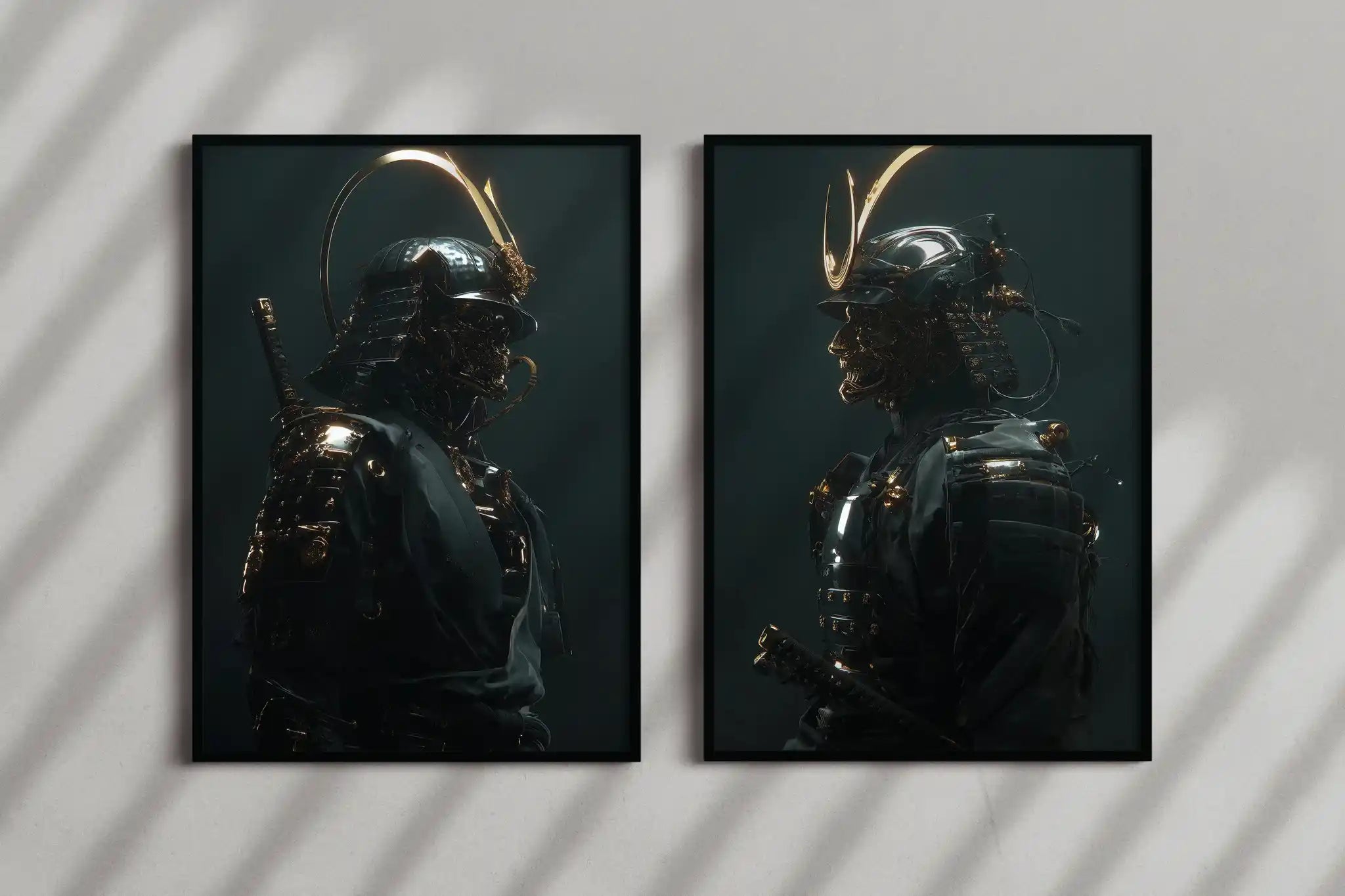 Two framed artworks of a futuristic suit on a gray wall.