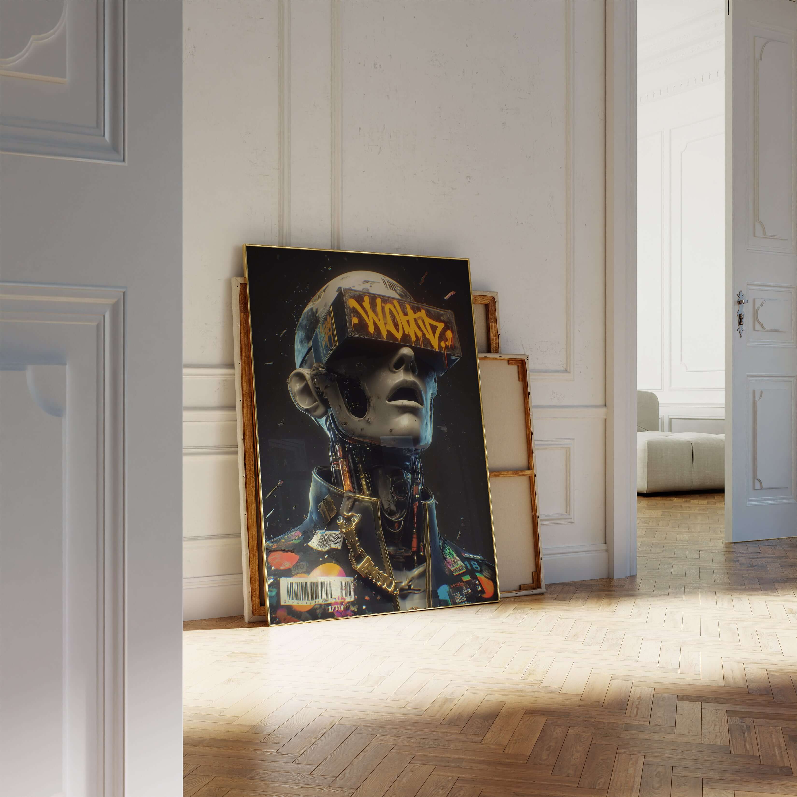 Futuristic AI wall art featuring a stylish android robot in a modern interior setting.