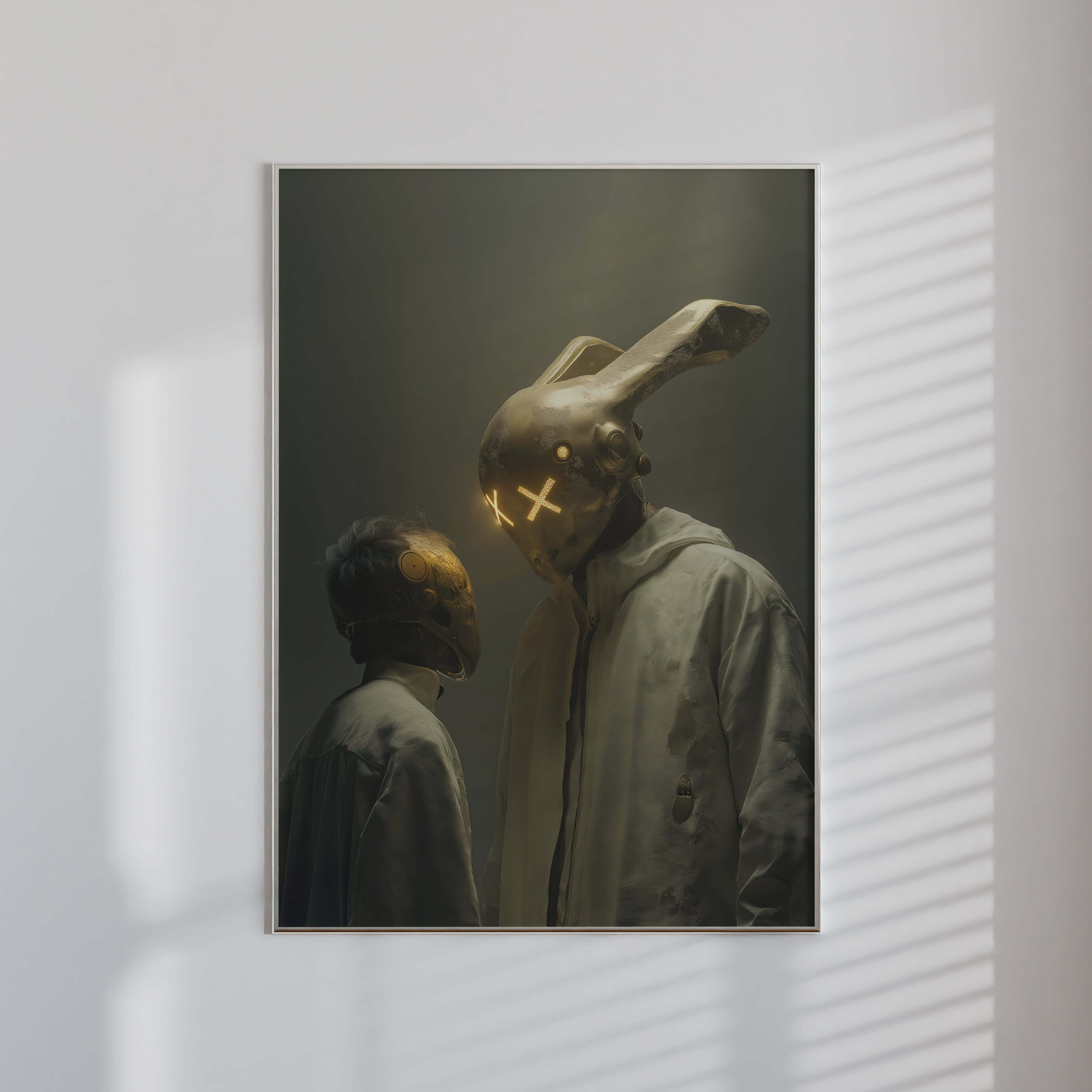Neon Sentinel cyber bunny and companion art print featuring gold x-eyed helmet, futuristic style, and modern decor.