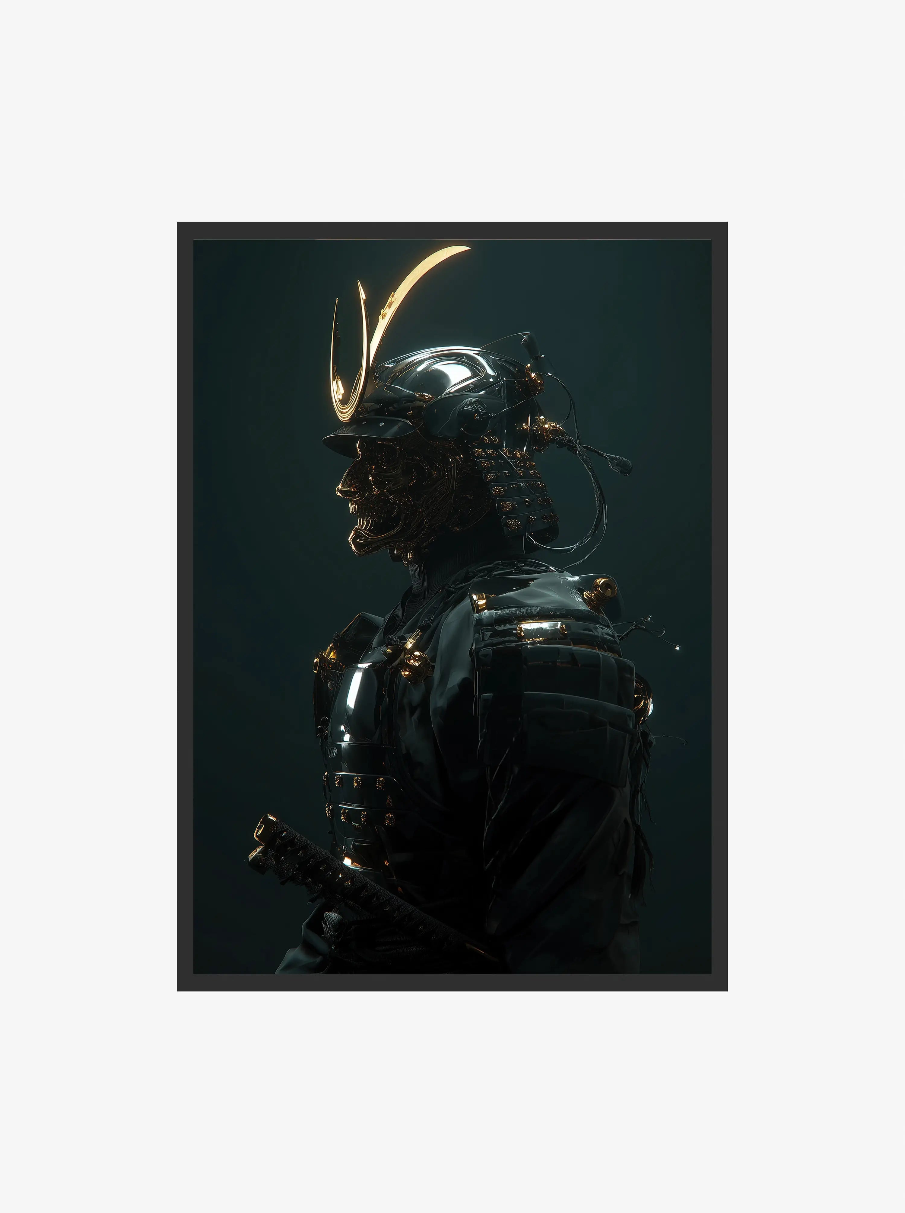 Cyber Samurai Art Duo futuristic Japanese warrior digital wall art with gold details, modern artwork by Haus of Prints.