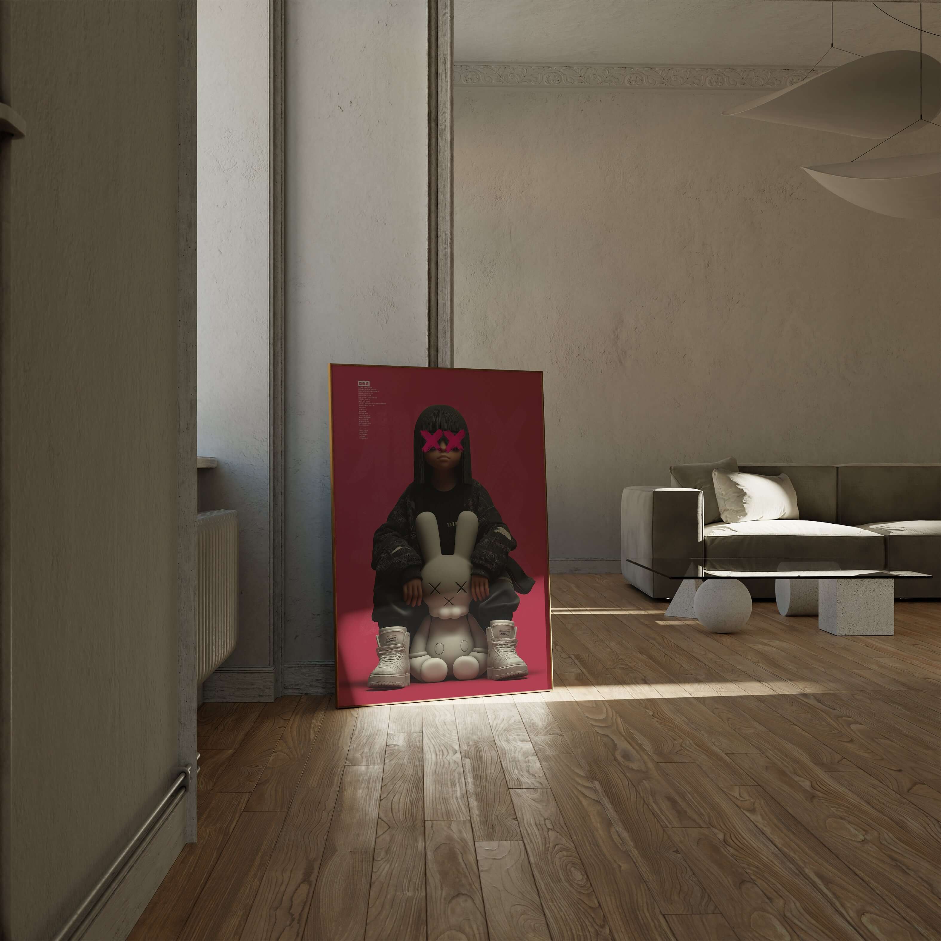 Urban Muse X KAWS Girl & Bunny Art Print, modern wall decor, streetwear art, pop art inspired by sneaker culture.