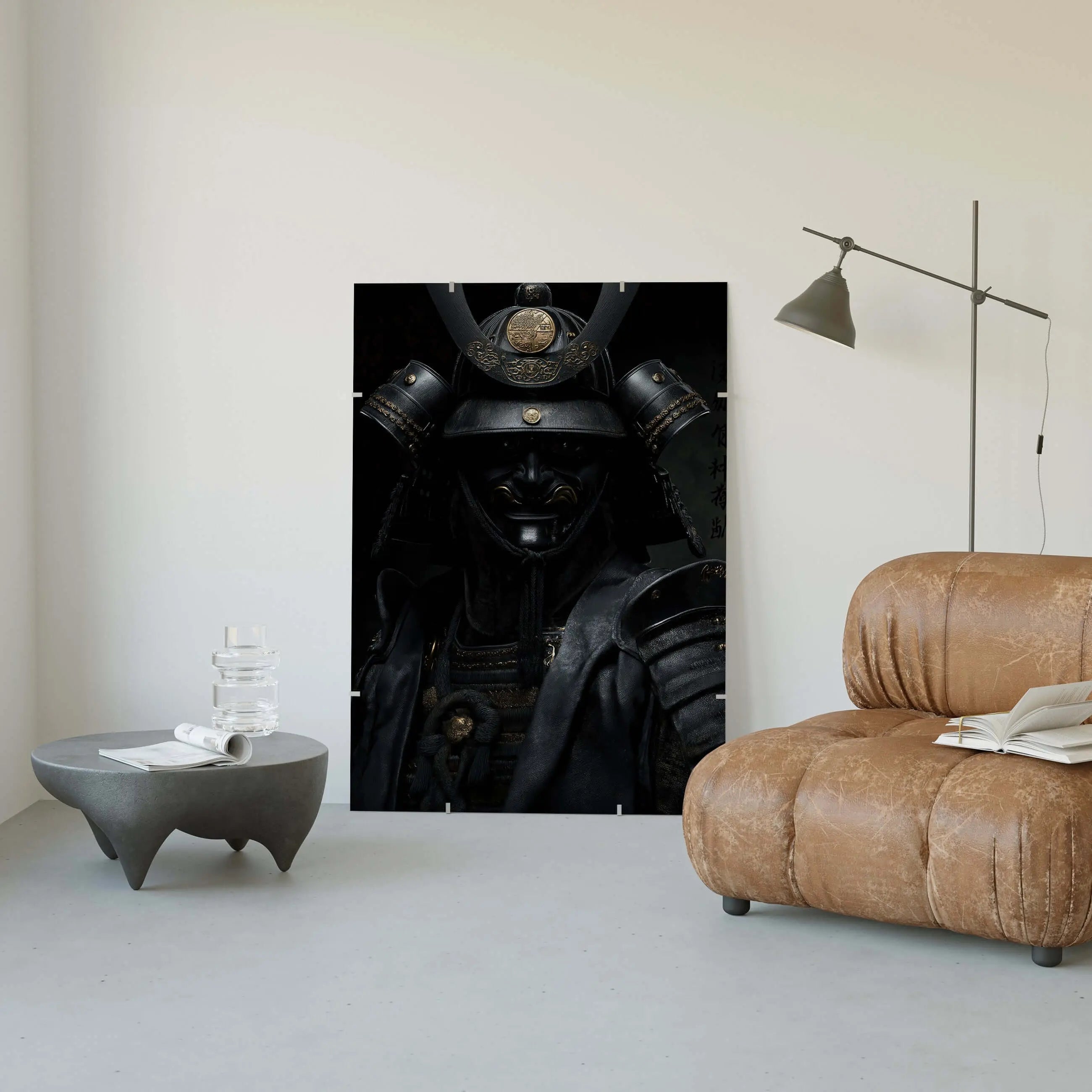 Shadow Honor I Black Samurai art print displayed in a modern living room setting, showcasing strength and elegance.