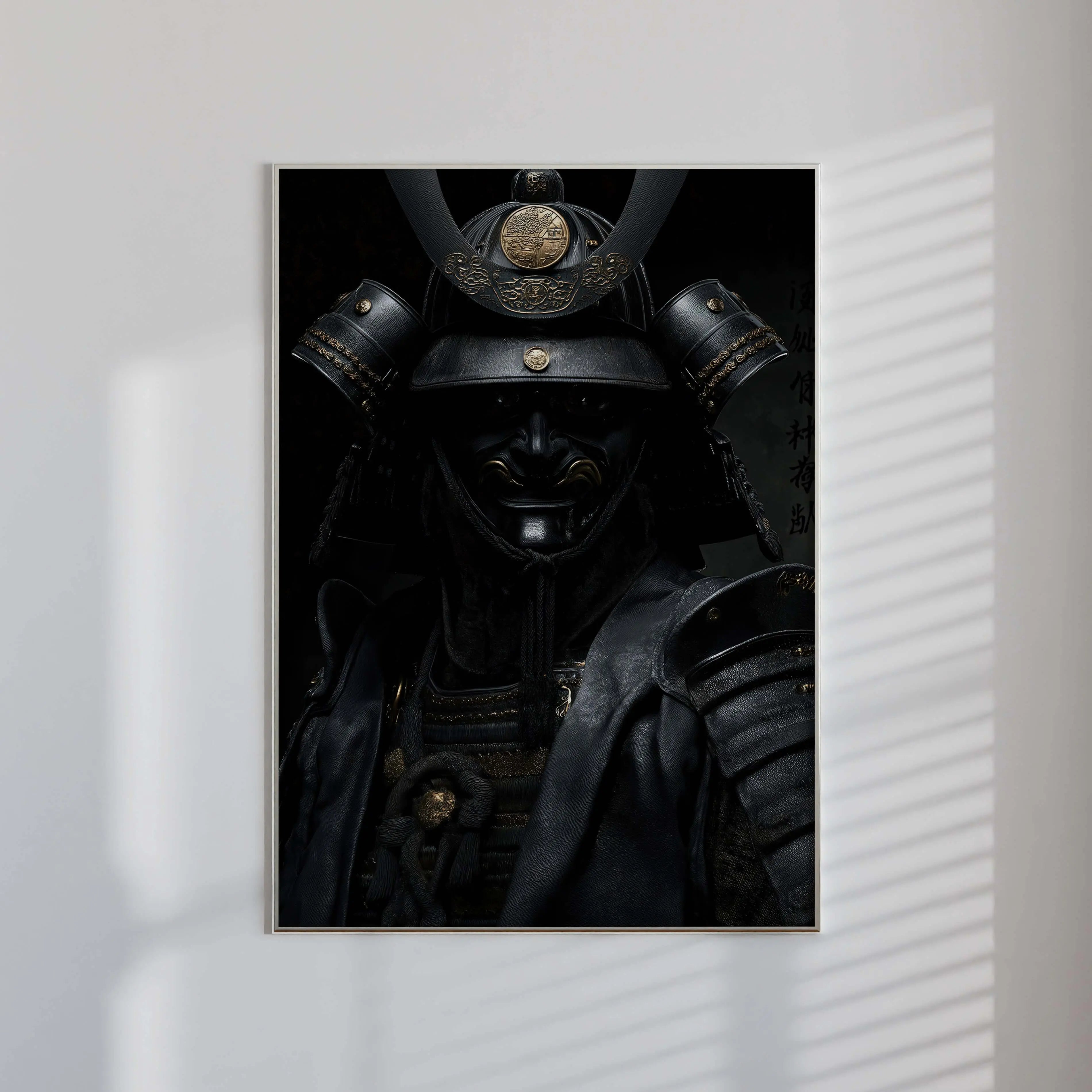Shadow Honor I – Black Samurai Art Print featuring a powerful samurai warrior in traditional armor.